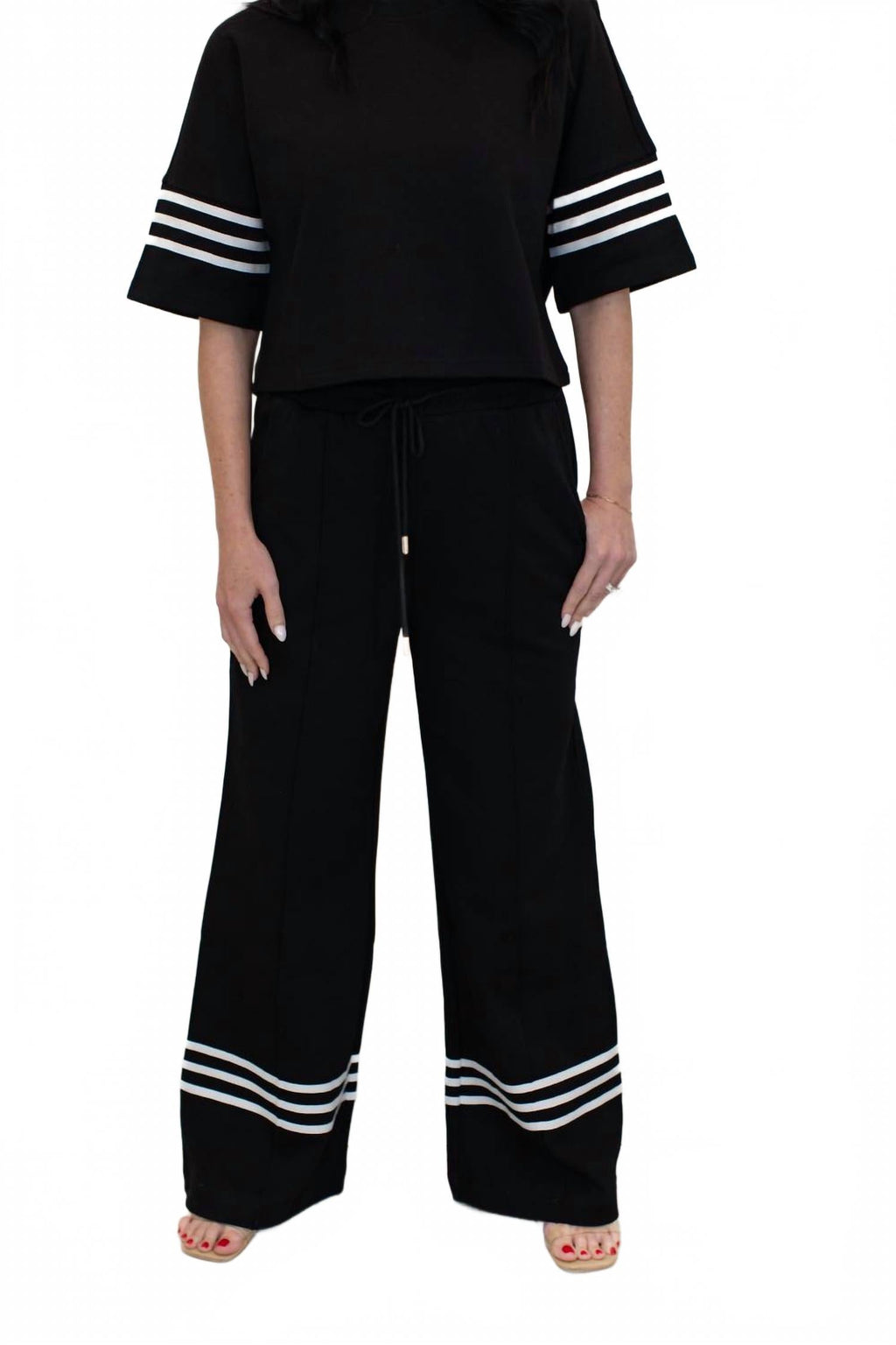 Luna Short Sleeve Knit Top And Wide Leg Pants Set In Black