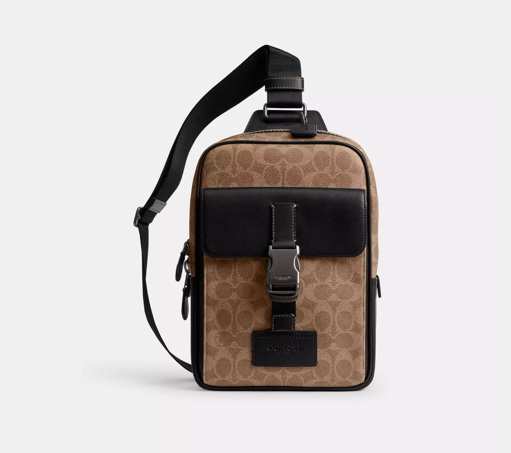 NWT Coach Track Pack Sling Bag In Signature Canvas & Leather Tan/Black