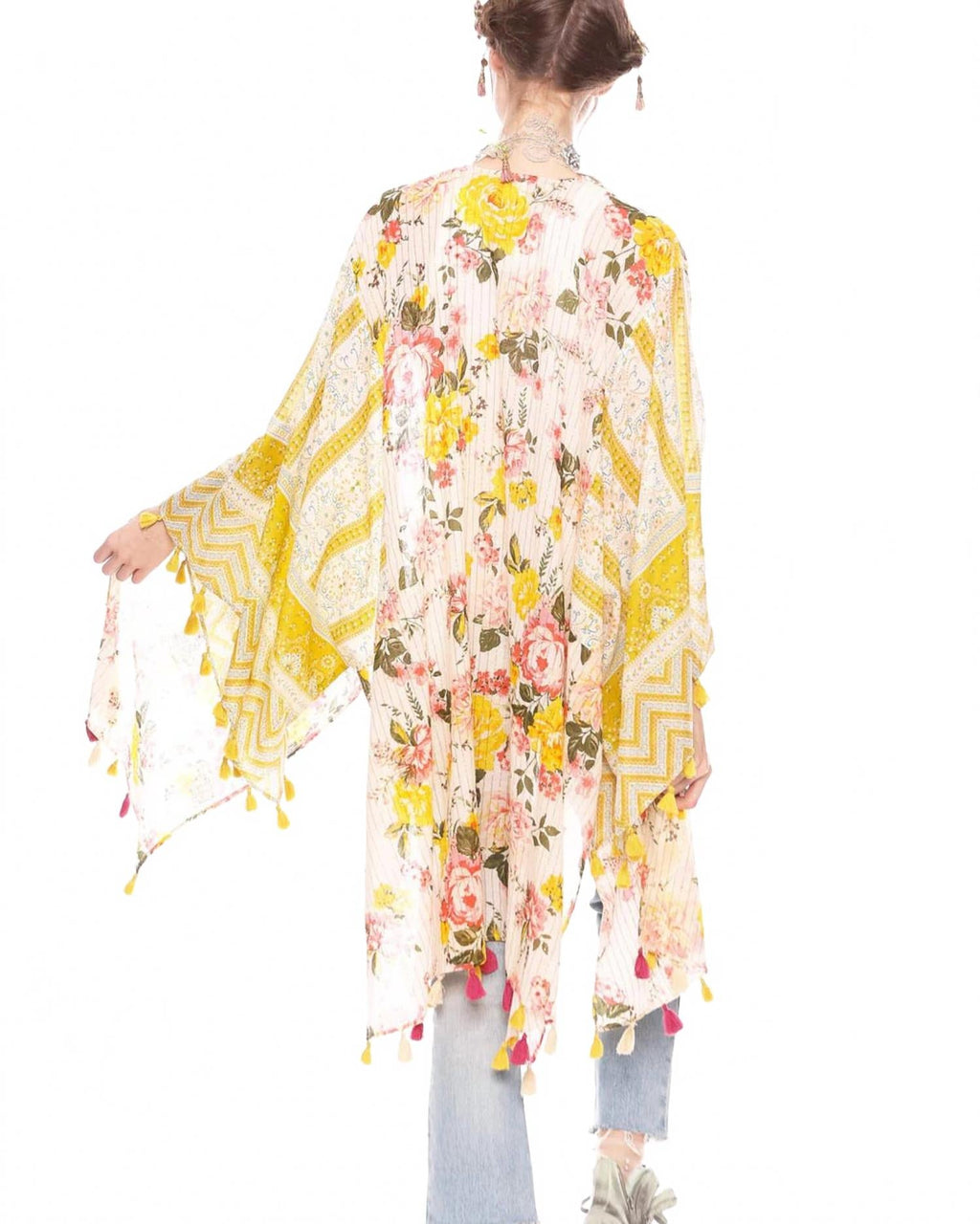 Floral Print Metallic Stipe Kimono In Mustard