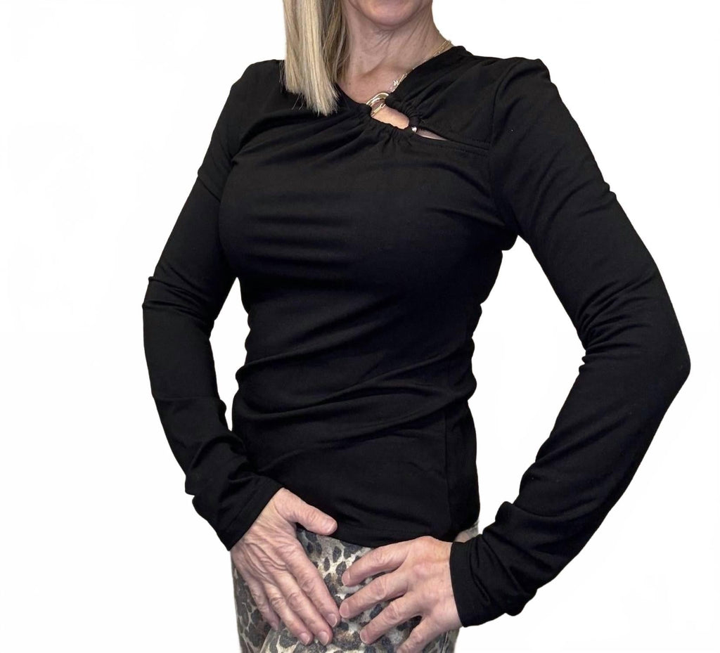 Ring Detail Long Sleeve Top In Black