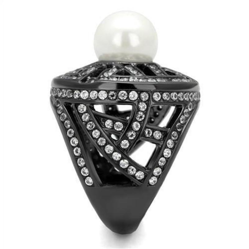 IP Light Black Stainless Steel Ring with Synthetic Pearl in White