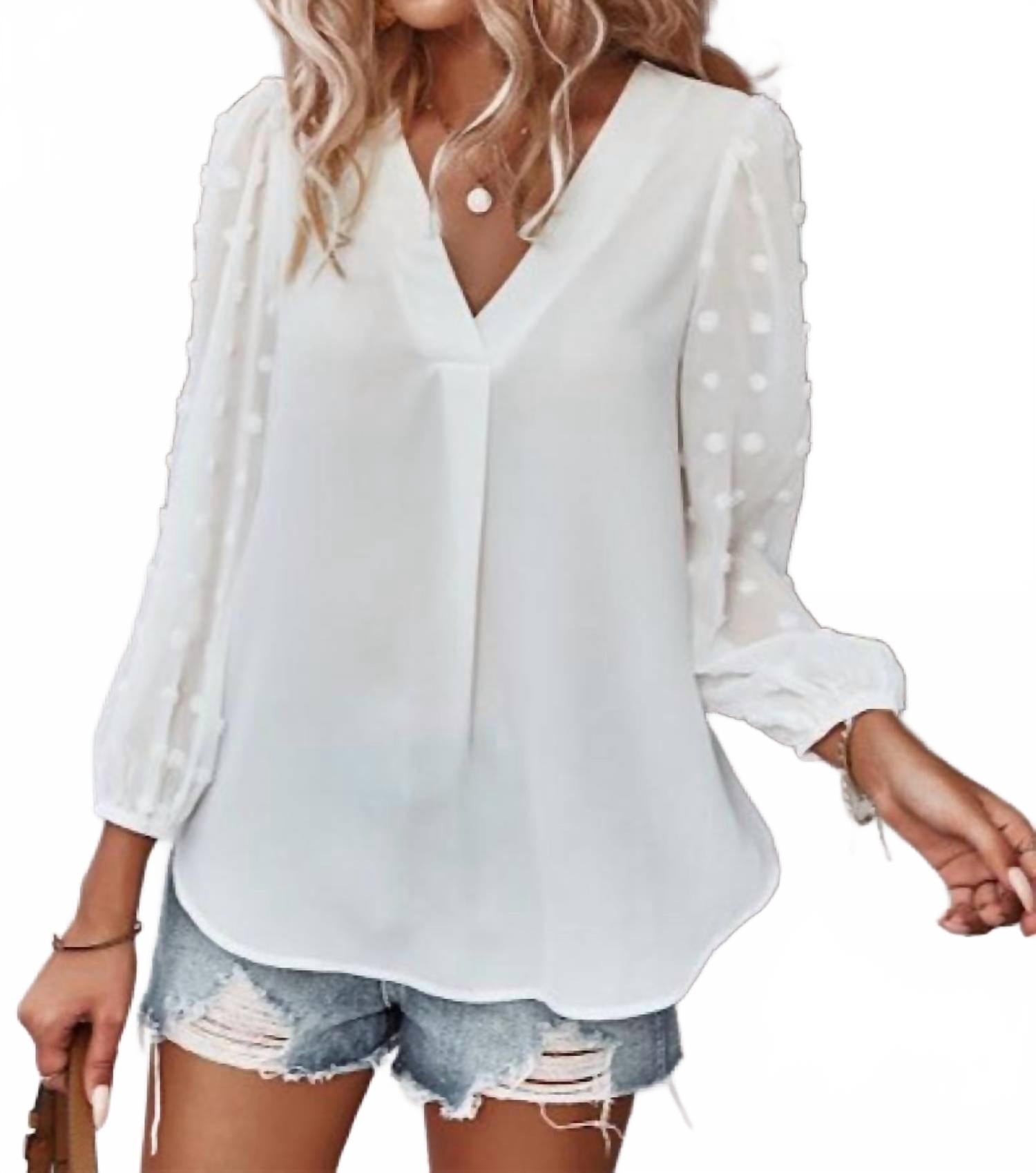 Dotted V Neck Blouse In White