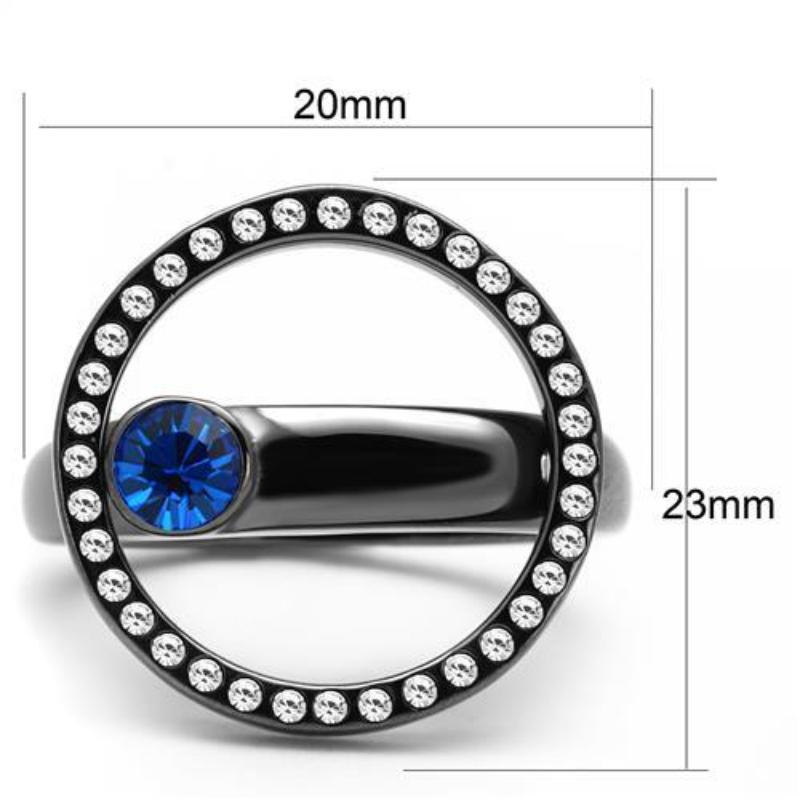 IP Light Black Stainless Steel Ring with Top Grade Crystal in Capri Blue