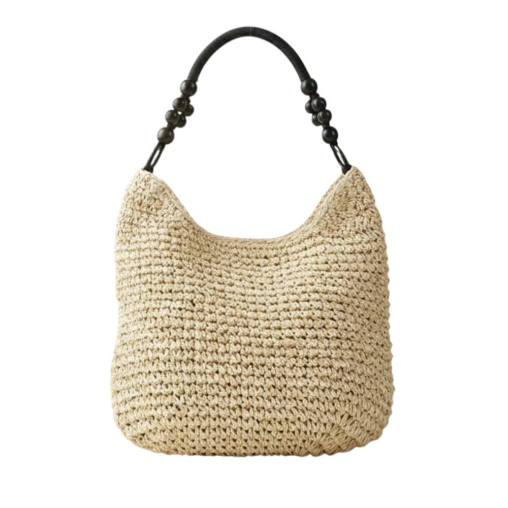 Beaded Handle Raffia Woven Shoulder Tote Bag