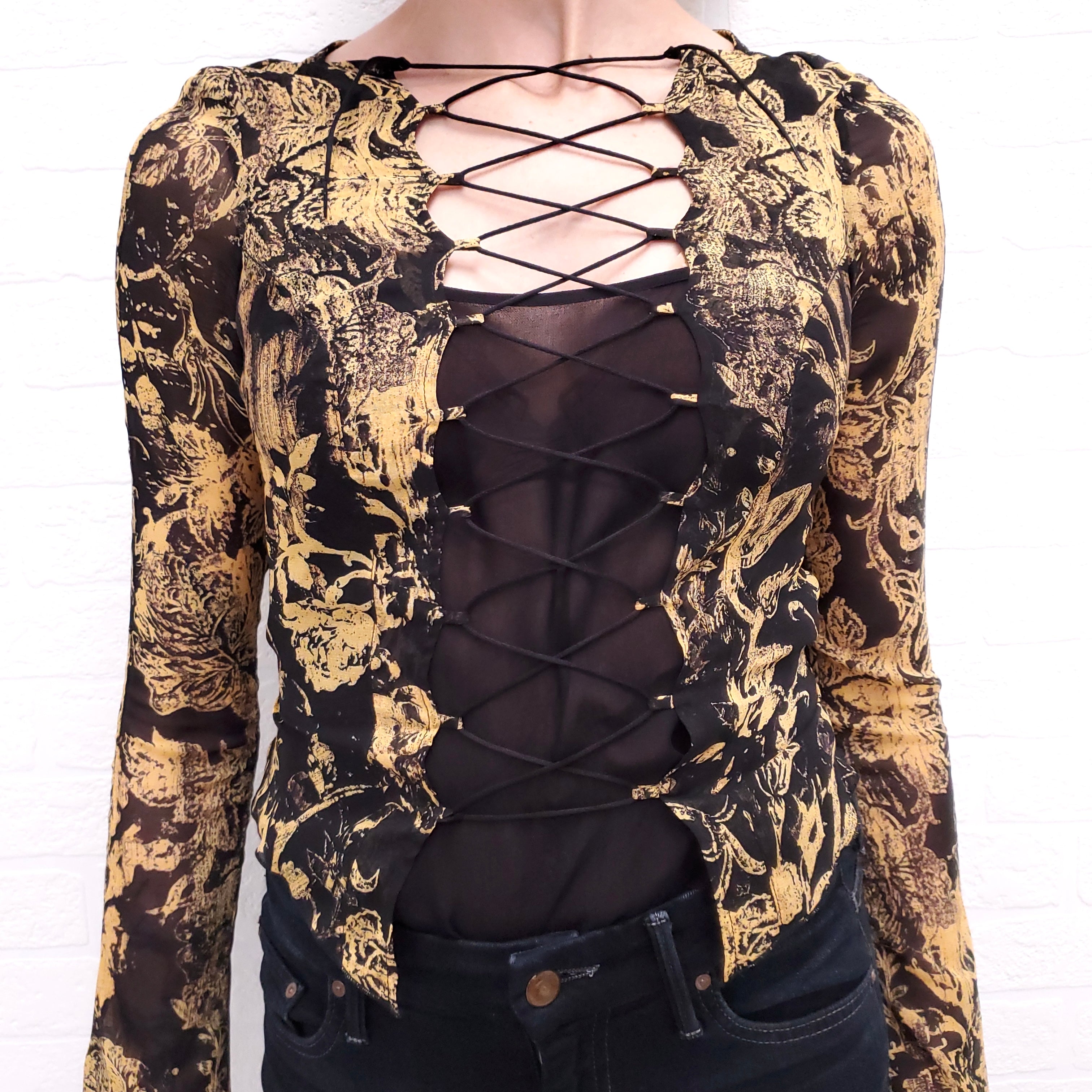 KNWLS BLACK AND YELLOW SHEER TIE UP BLOUSE ($900) - SIZE 6