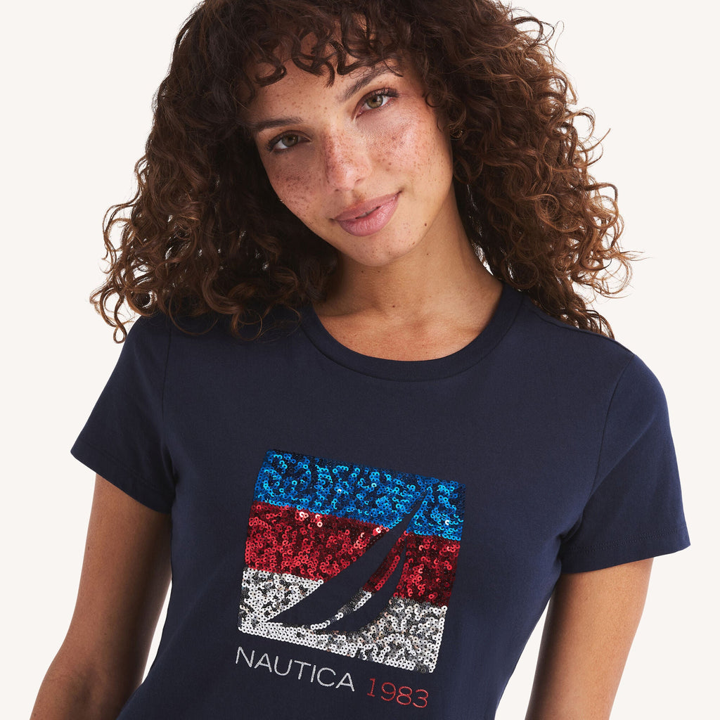 Nautica Womens Sequin Americana Sailing Graphic T-Shirt