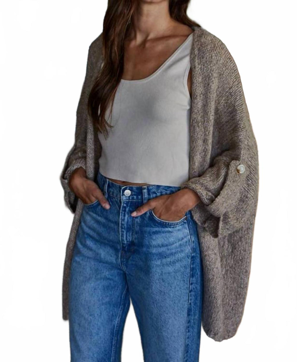 Folded Quarter Sleeve Open Front Cardigan In Mocha