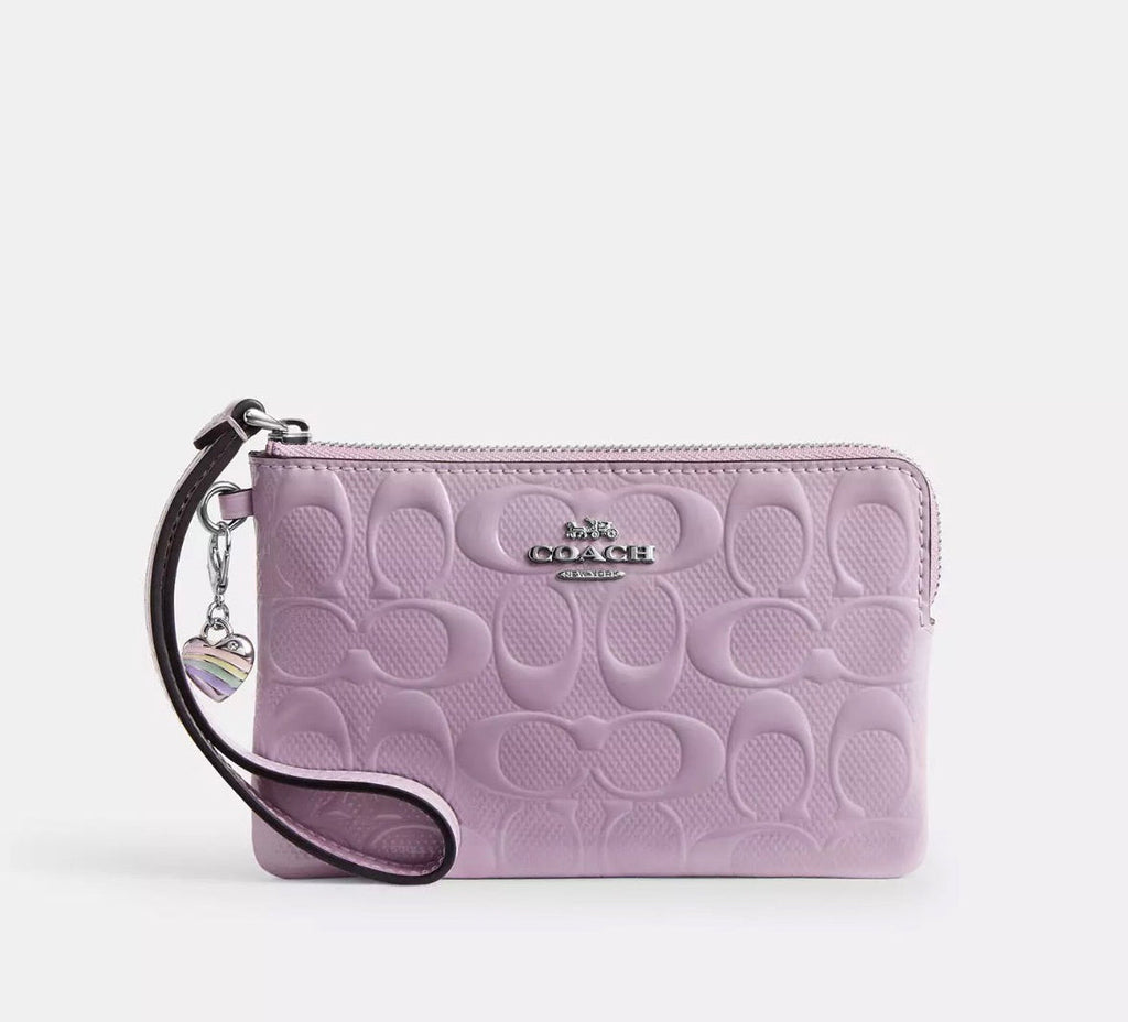NWT Coach Corner Zip Wristlet Wallet In Signature Leather With Heart Charm In Silver/Light Violet
