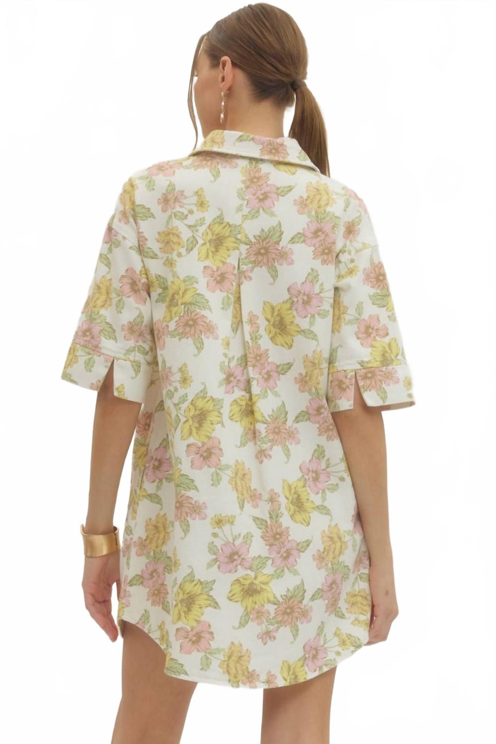 Floral Mini Shirt Dress In Pink And Yellow
