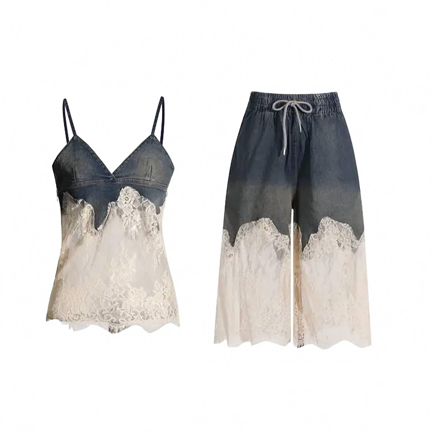 Lace Suspender Top & Shorts Set In Denim