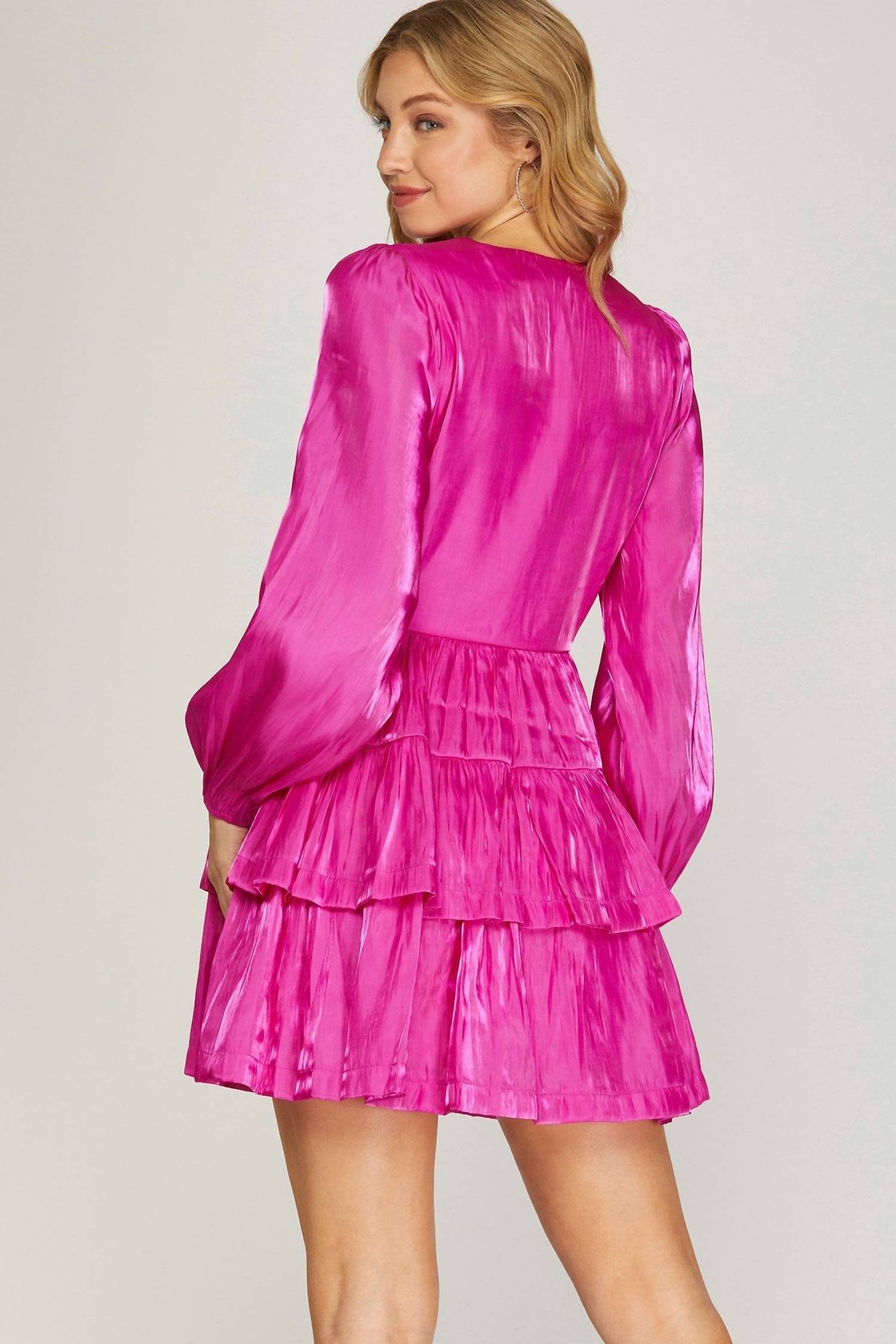 Long Sleeve Silky Woven Surplice Tiered Dress In Fuchsia