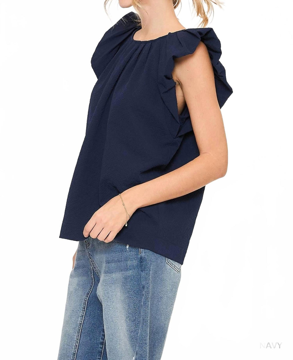 Flutter Sleeve Pleated Crew Neck Blouse In Navy