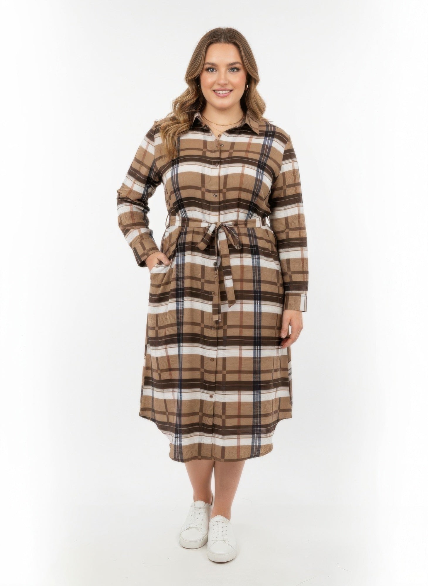 Button Front Midi Shirt Dress With Self Tie Belt