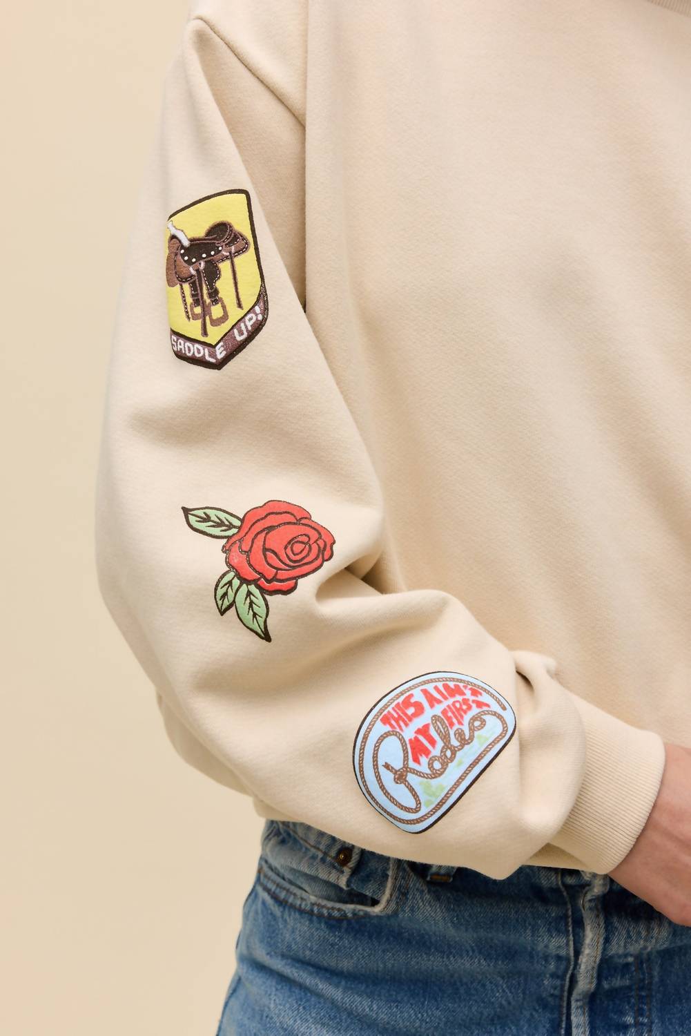 Western Patches Oversized Crew Sweatshirt In Beige