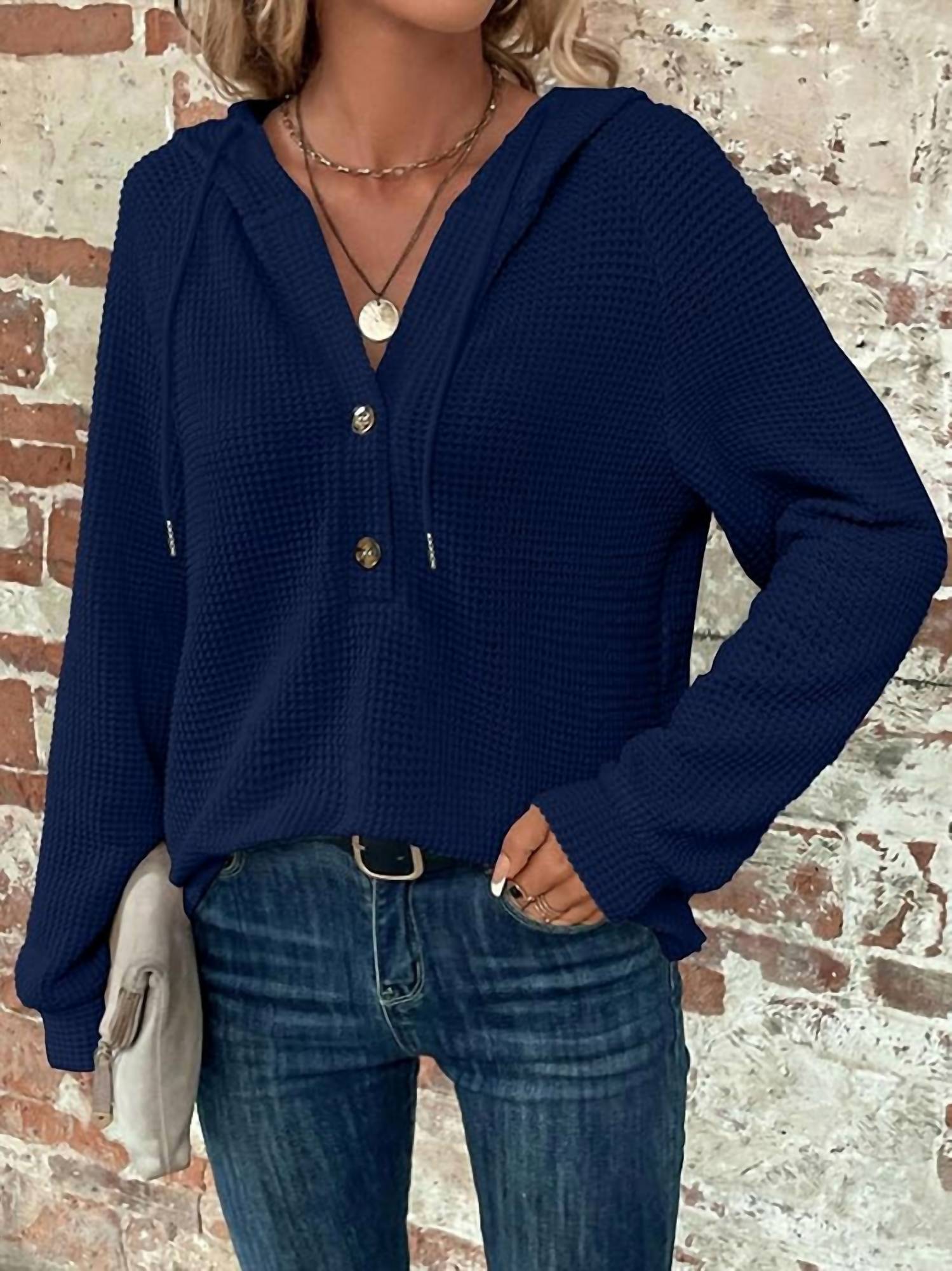 Waffle Button-Up Hoodie Pullover In Navy