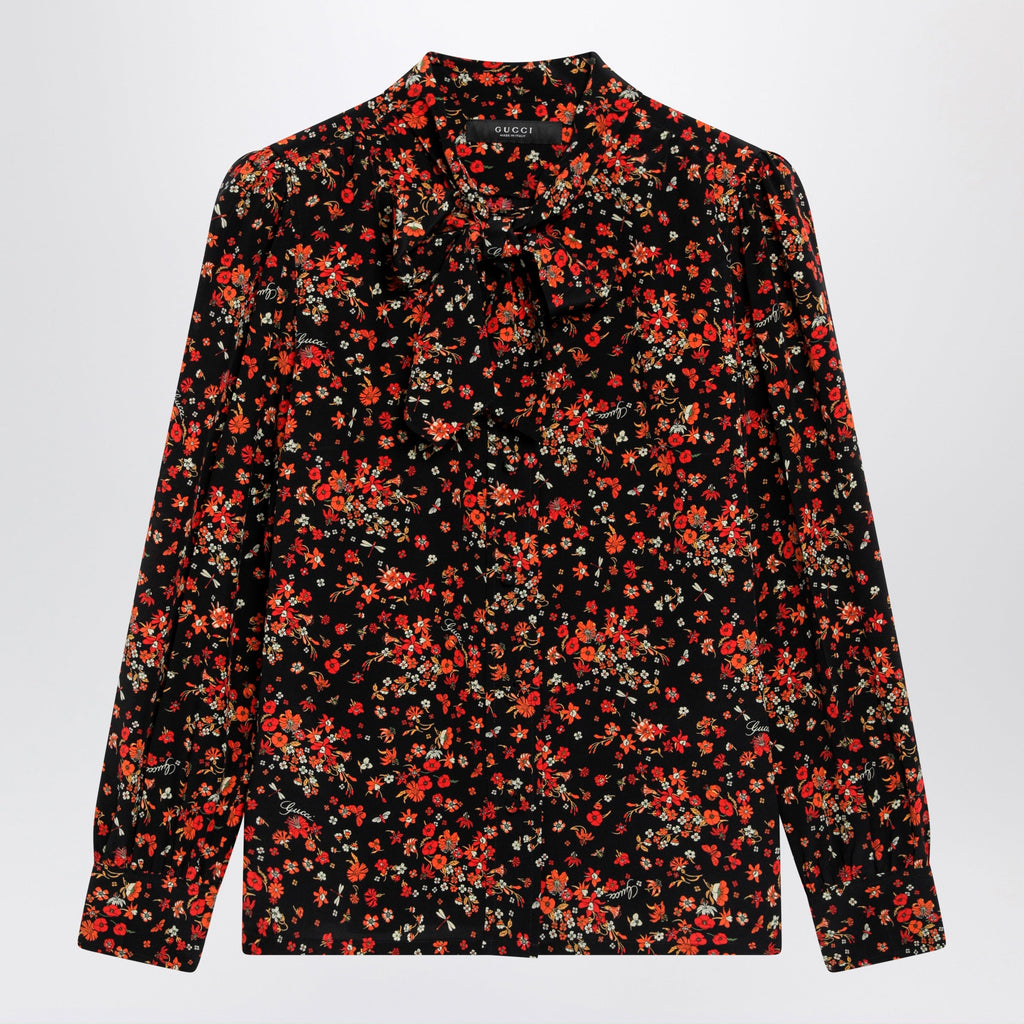 Gucci Printed Silk Shirt With Bow In Black/Red Women