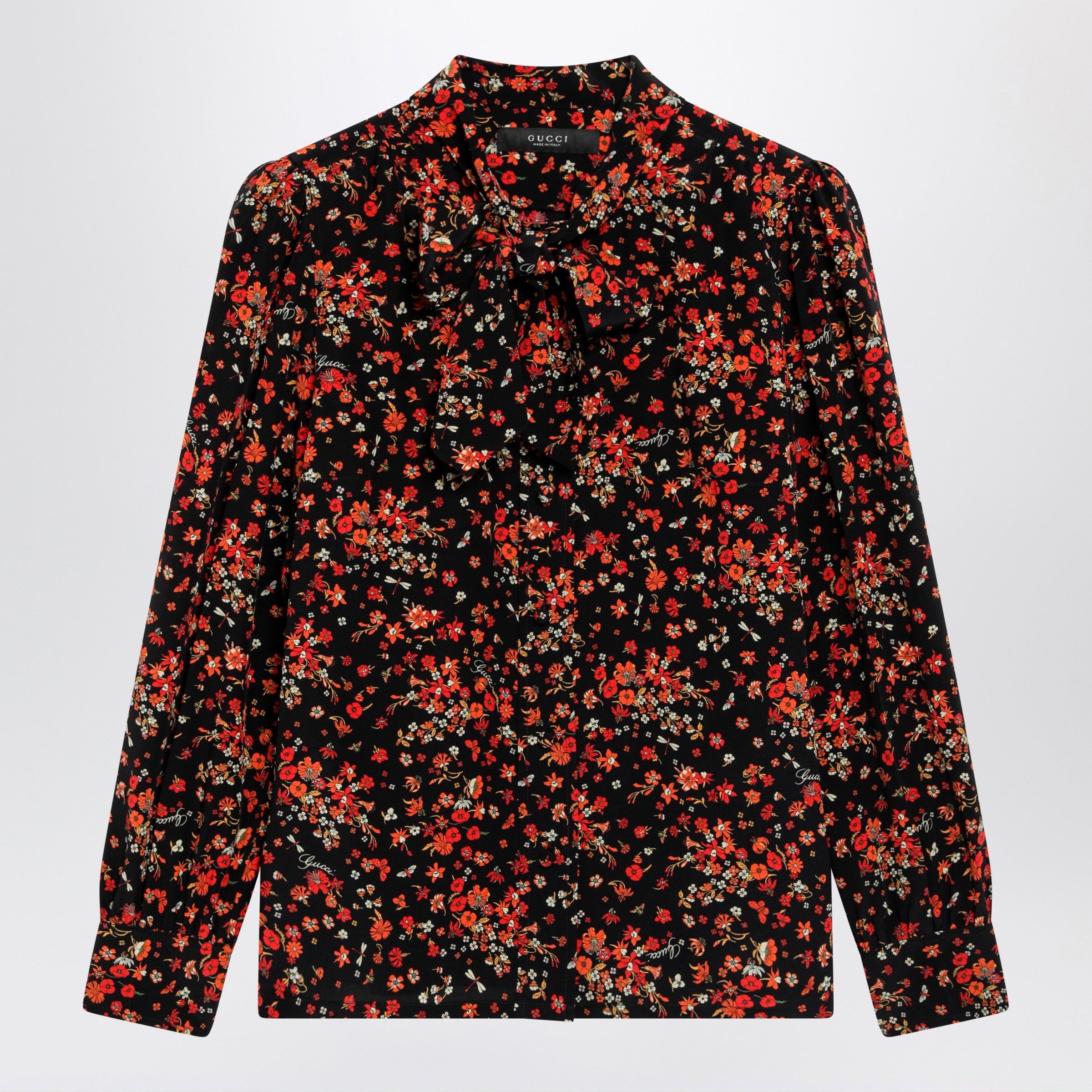 Gucci Printed Silk Shirt With Bow In Black/Red Women
