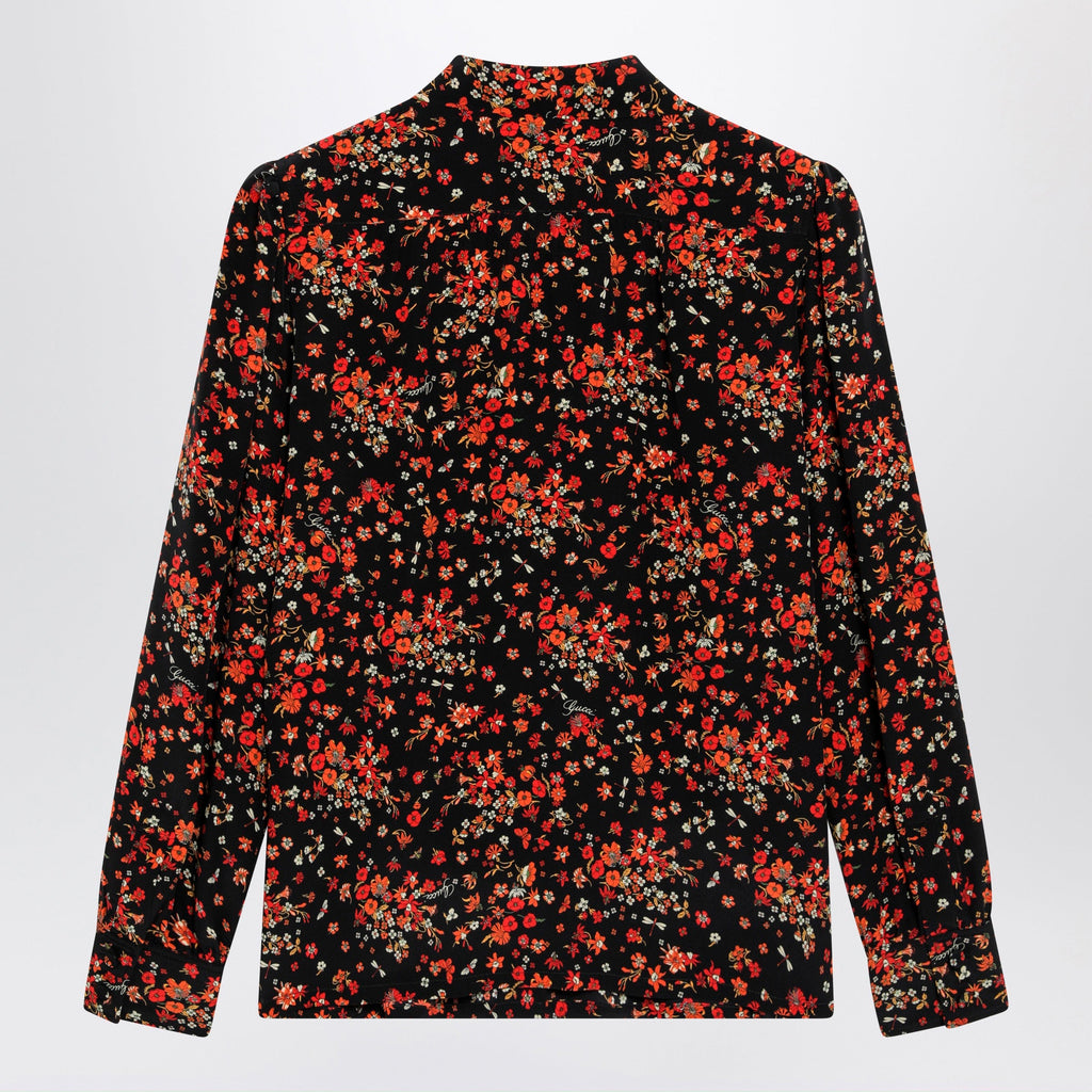 Gucci Printed Silk Shirt With Bow In Black/Red Women