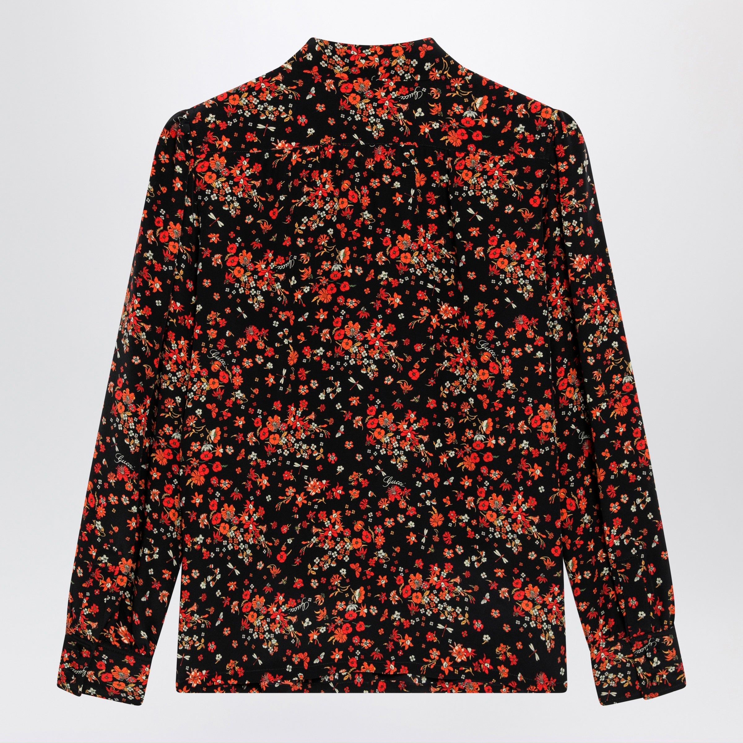Gucci Printed Silk Shirt With Bow In Black/Red Women