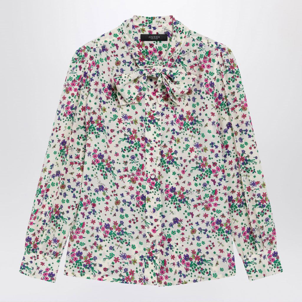 Gucci Printed Silk Shirt With Bow In Ivory/Pink Women