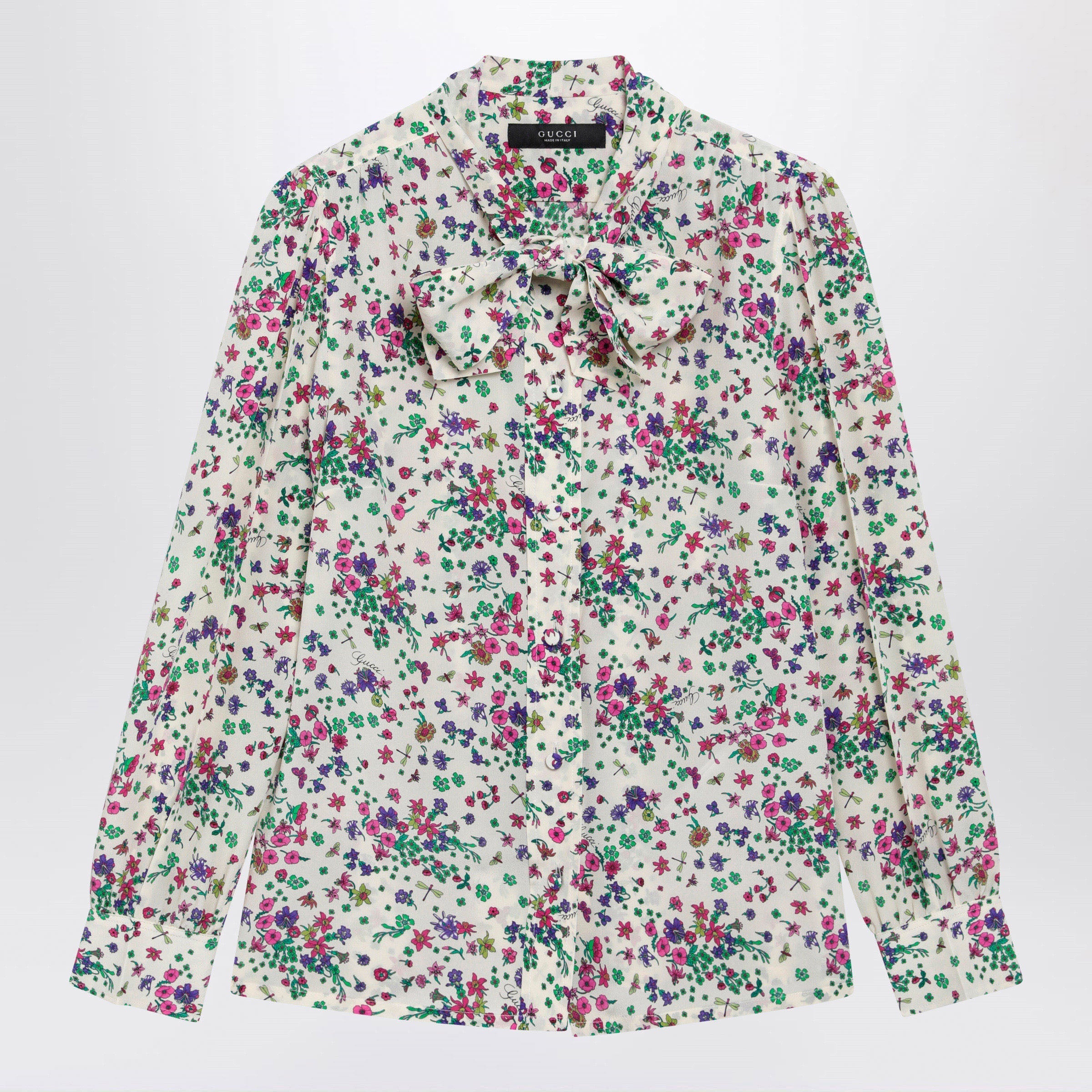 Gucci Printed Silk Shirt With Bow In Ivory/Pink Women