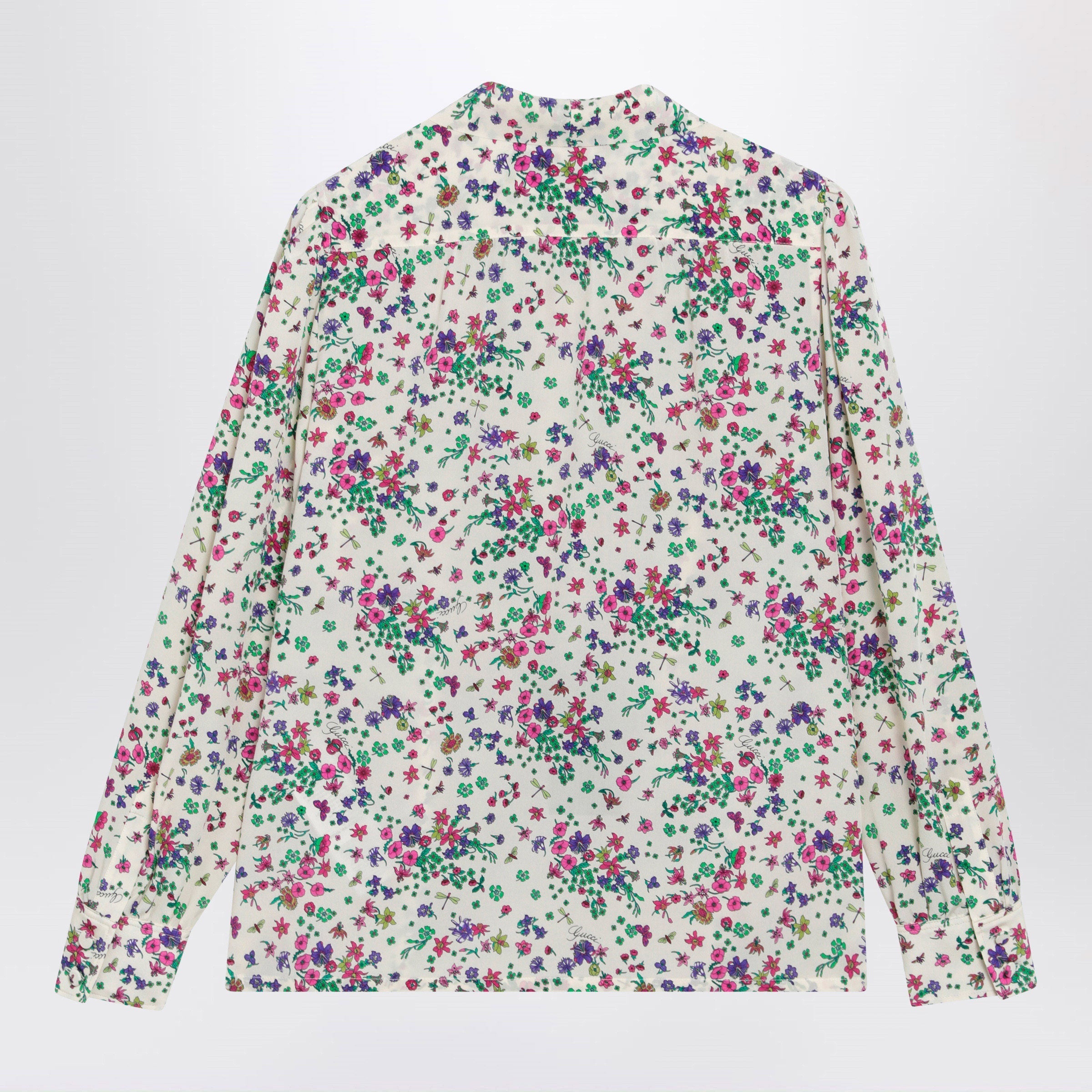 Gucci Printed Silk Shirt With Bow In Ivory/Pink Women