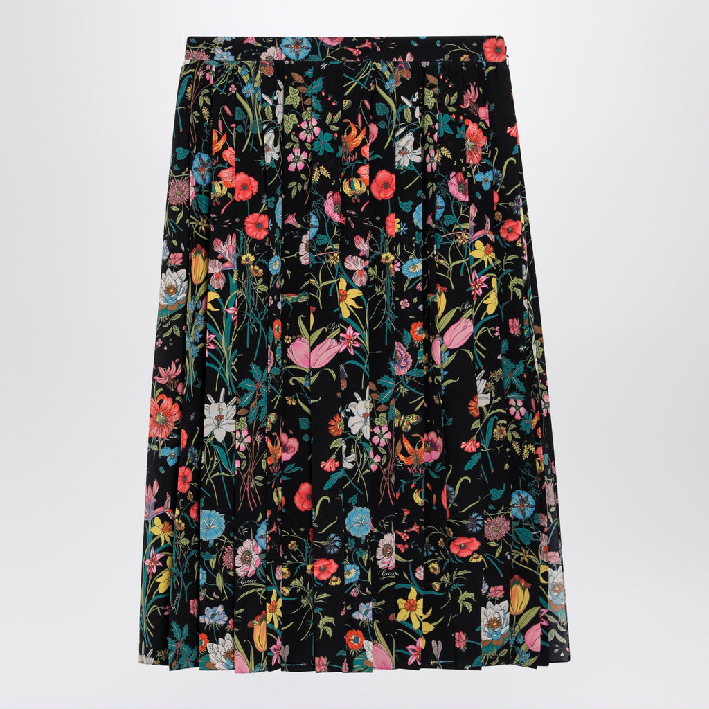 Gucci Pleated Midi Silk Skirt With Flora Print In Black Women