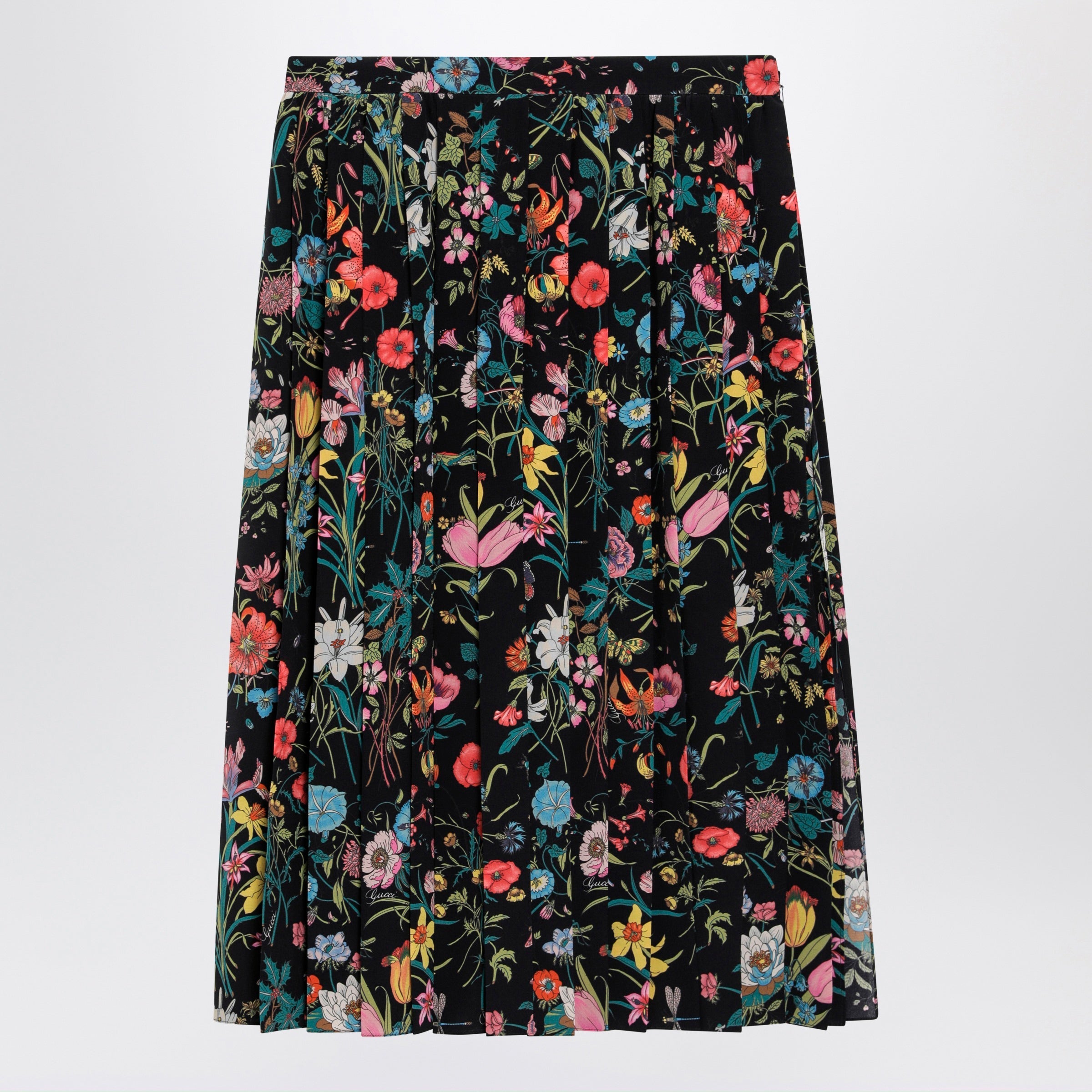 Gucci Pleated Midi Silk Skirt With Flora Print In Black Women