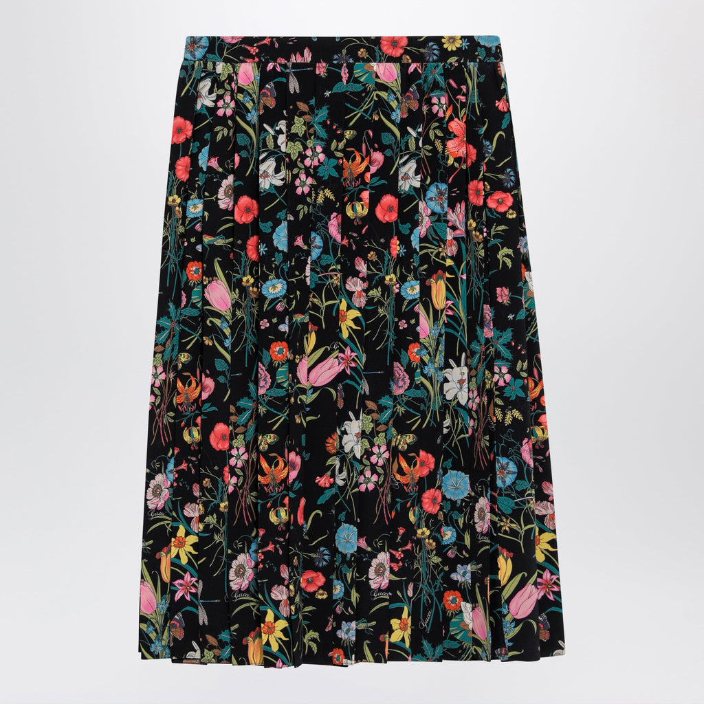 Gucci Pleated Midi Silk Skirt With Flora Print In Black Women