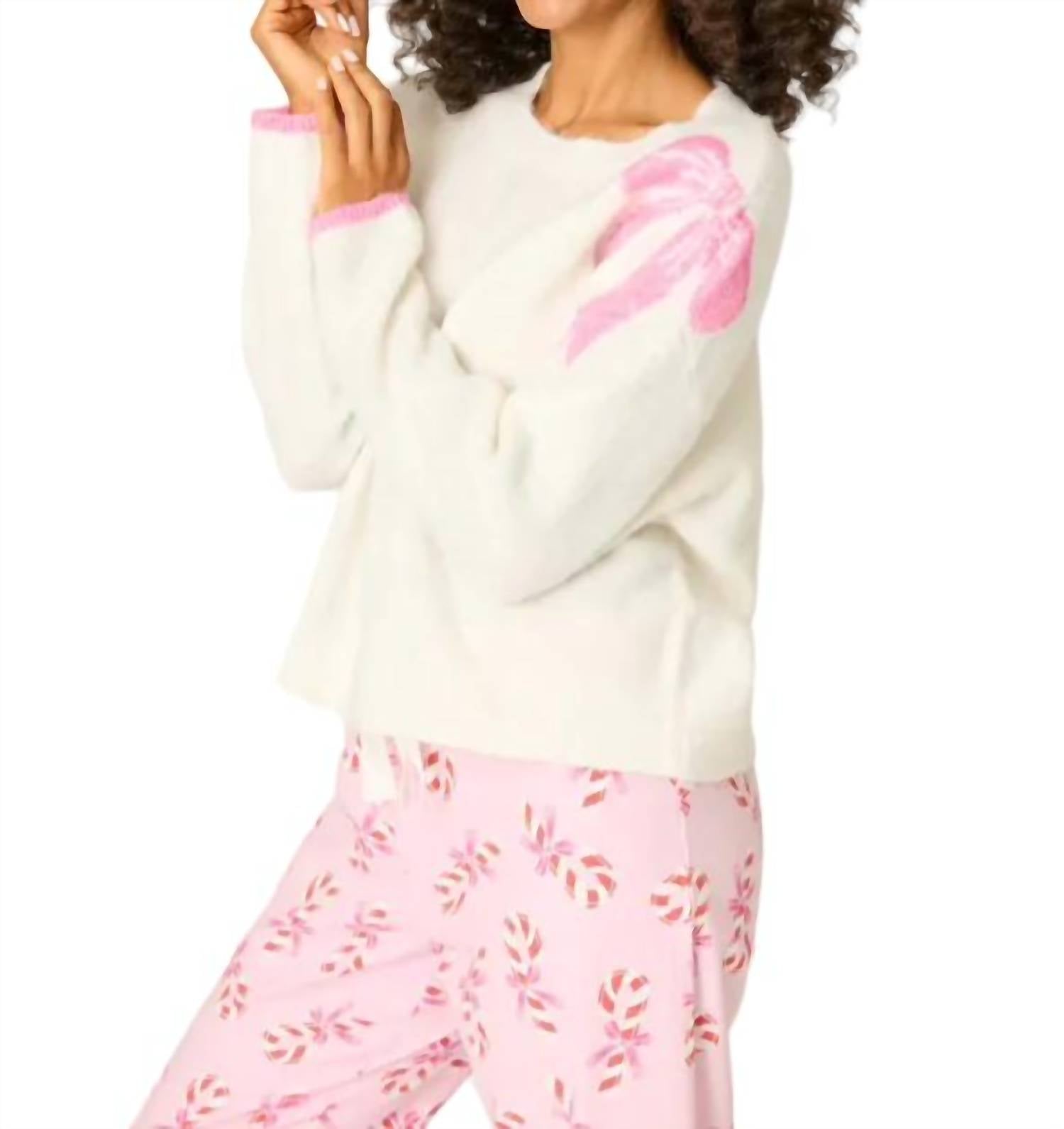 Long Sleeve Pajama Sweater With Bow Top In Ivory