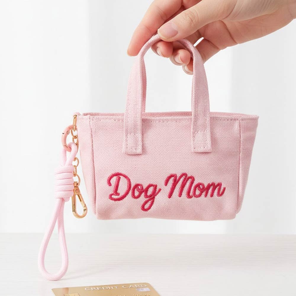 DOG MOM Embroidered Mini Canvas Tote Bag Keychain Bag Charm