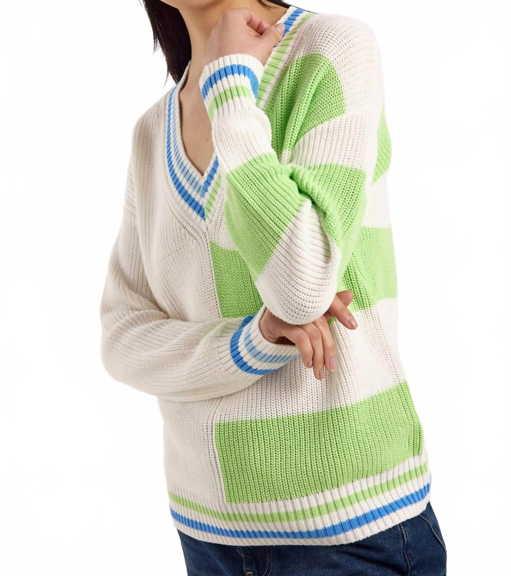 Valerie Stripe V-Neck Sweater In Ivory/green