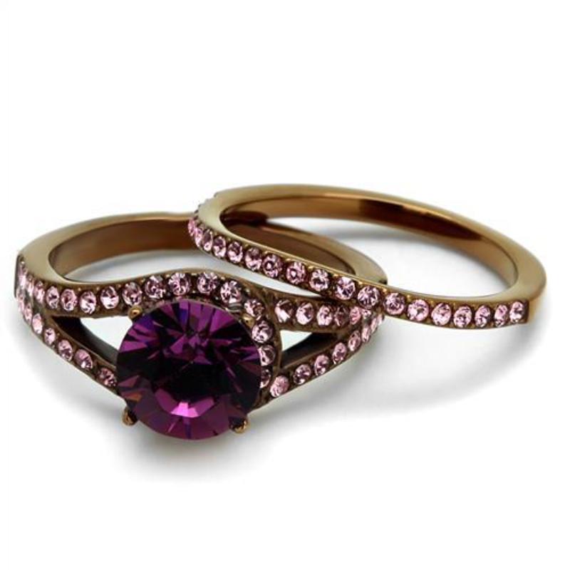 IP Coffee light Stainless Steel Ring with Top Grade Crystal in Amethyst