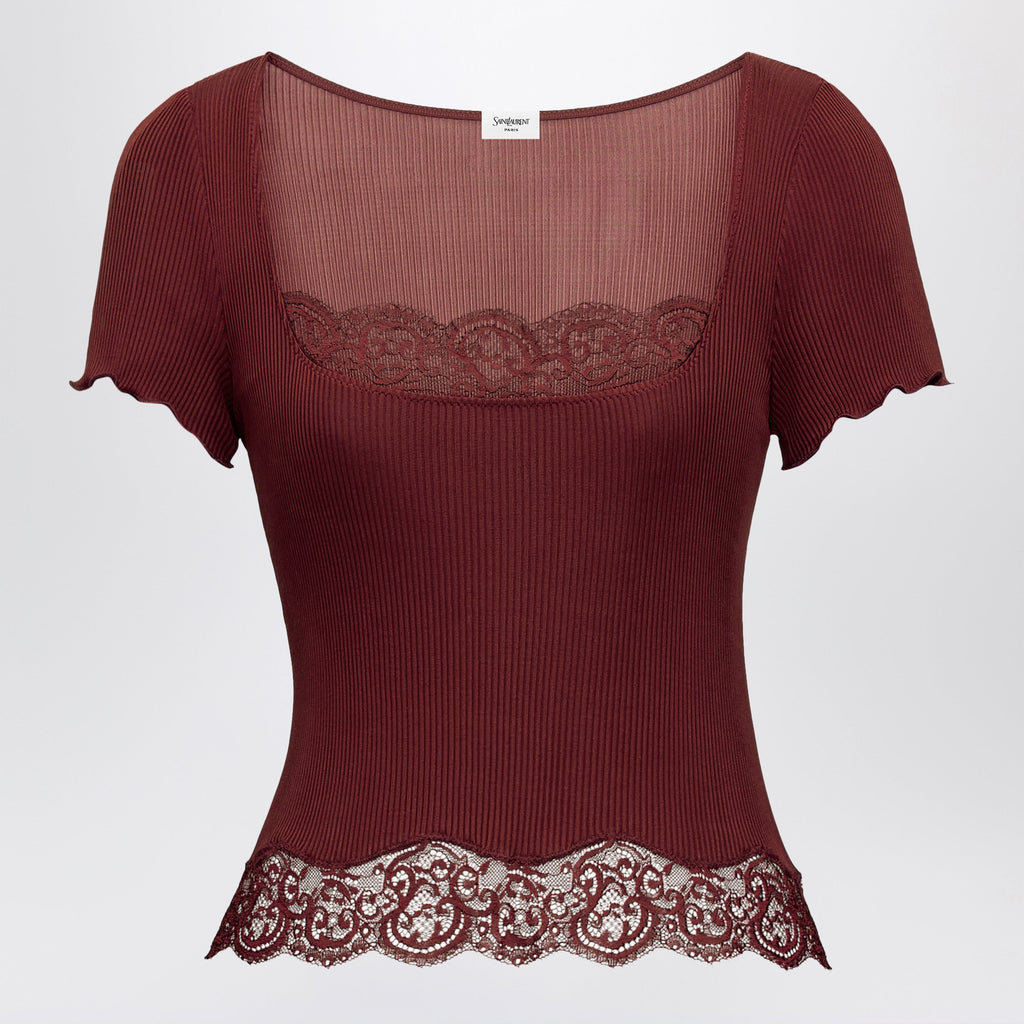 Saint Laurent Red Square-Neck Lace T-Shirt In Ribbed Silk Women