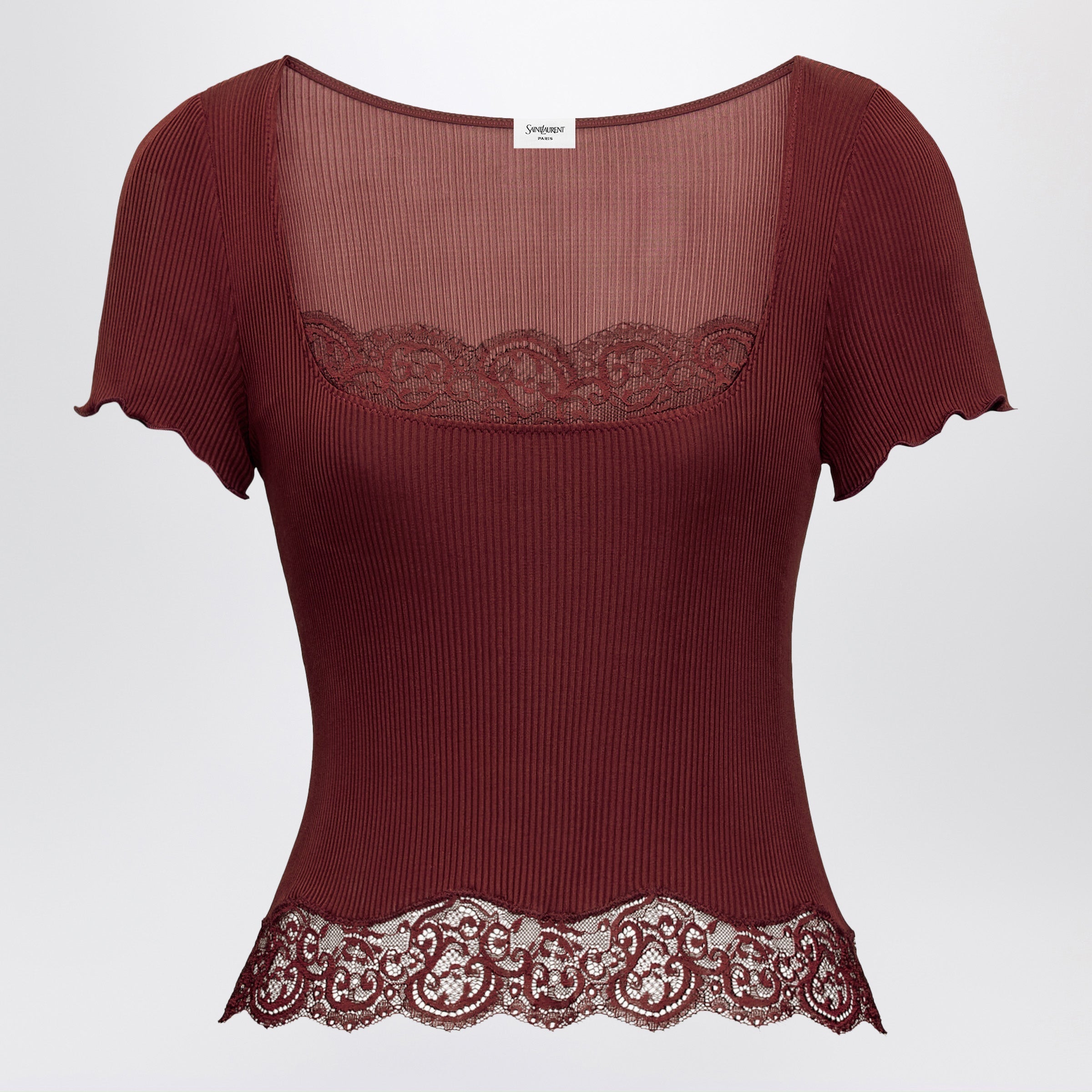 Saint Laurent Red Square-Neck Lace T-Shirt In Ribbed Silk Women