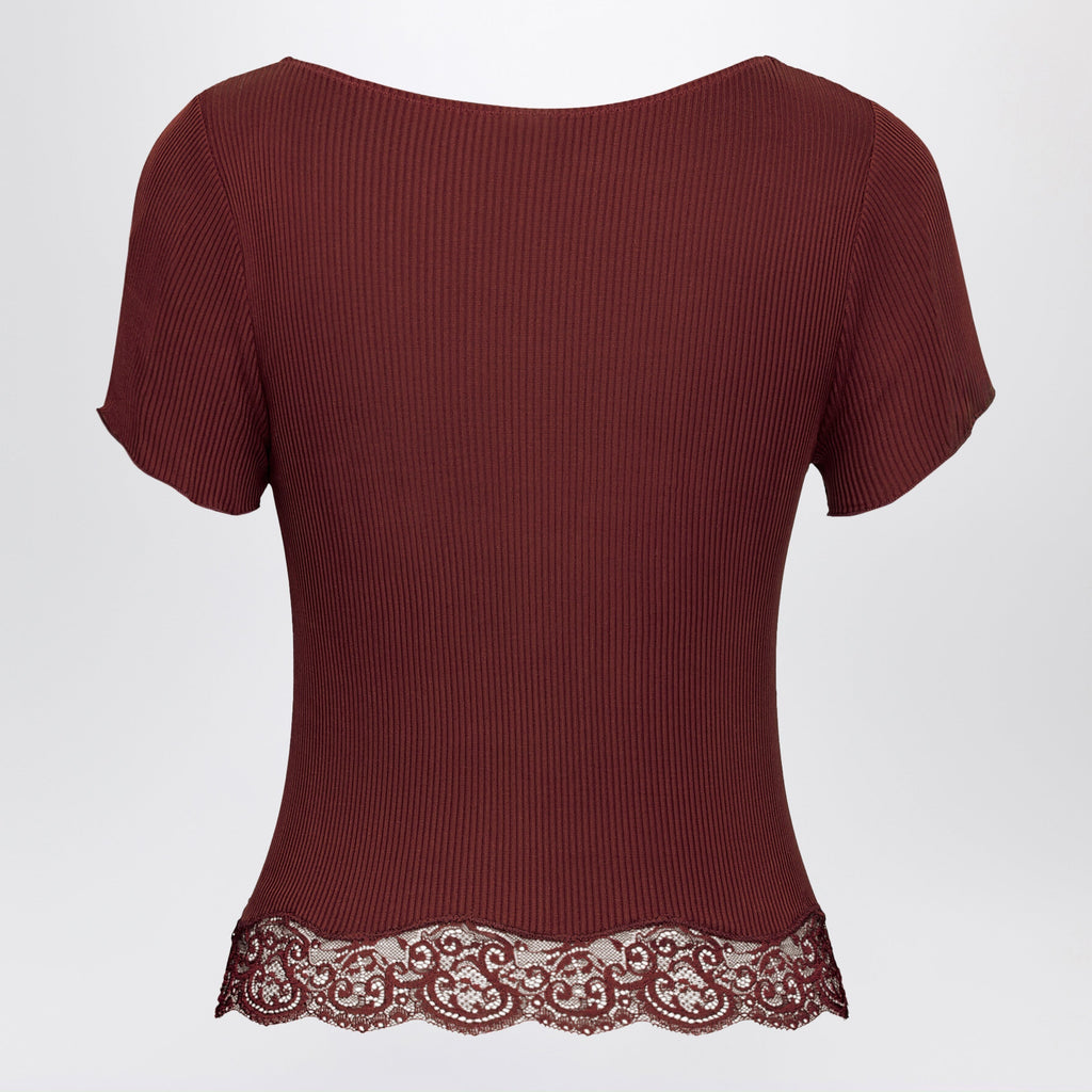 Saint Laurent Red Square-Neck Lace T-Shirt In Ribbed Silk Women