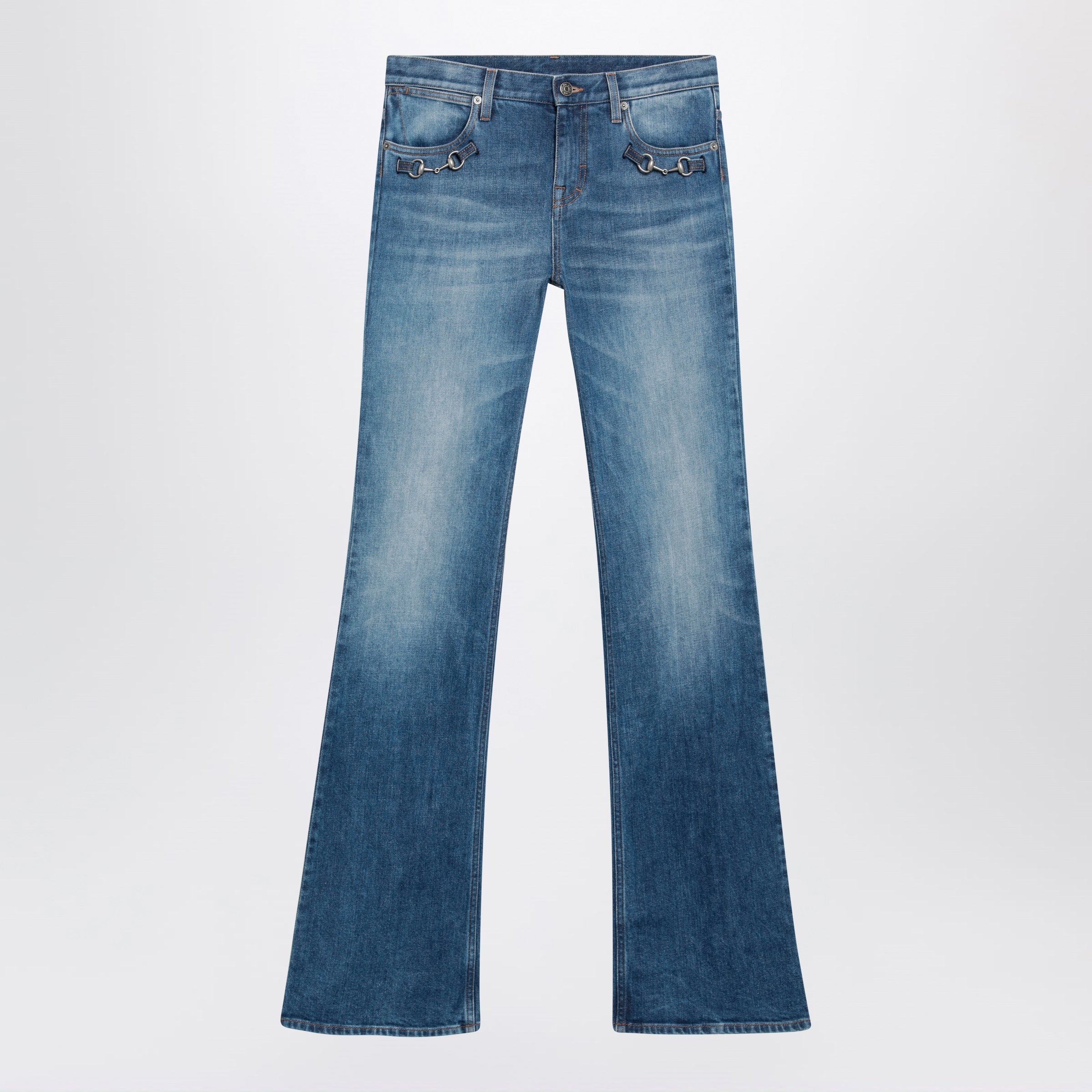 Gucci Low-Rise Flare Jeans With Horsebit In Blue Denim Women