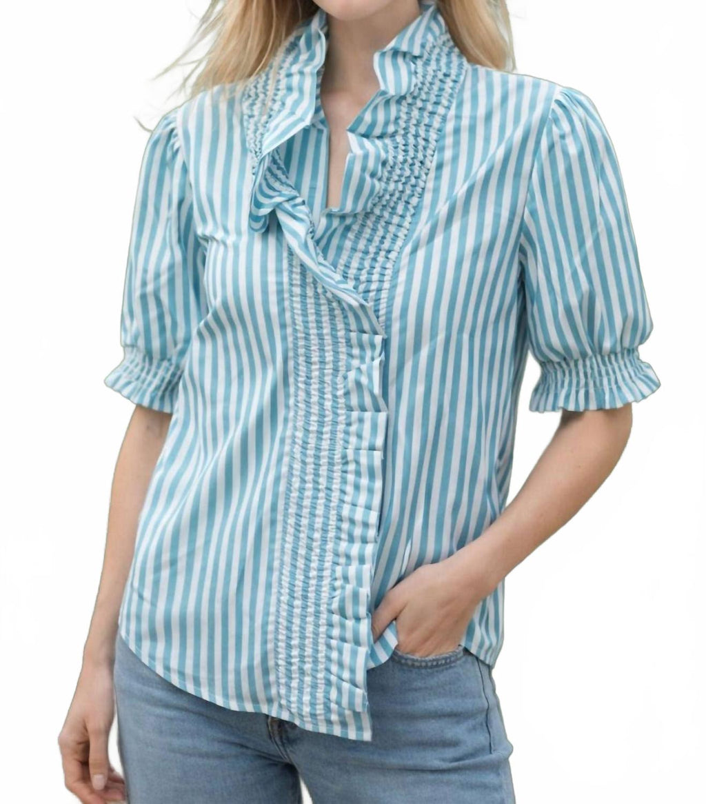 V-Neck Stripe Blouse In Turquoise