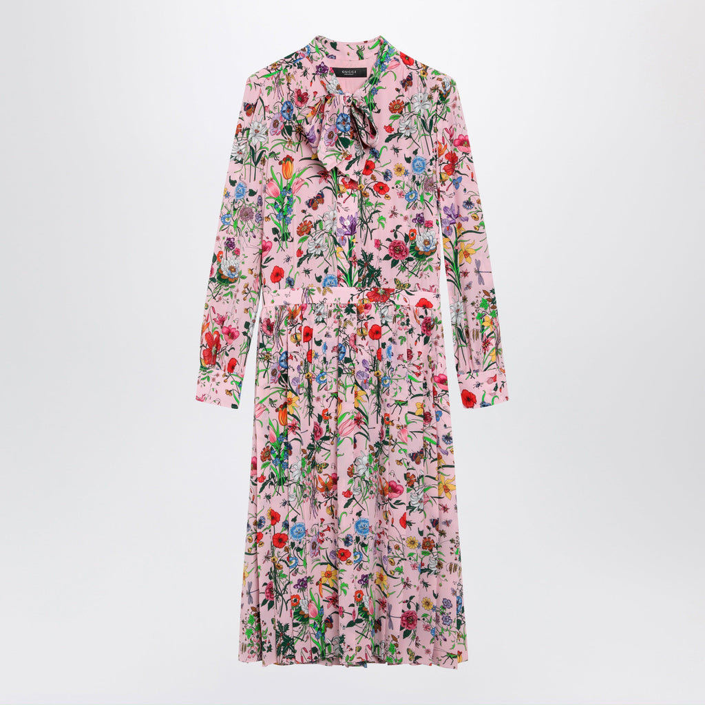 Gucci Flora Print Silk Shirt Dress In Pink Multicolor Women