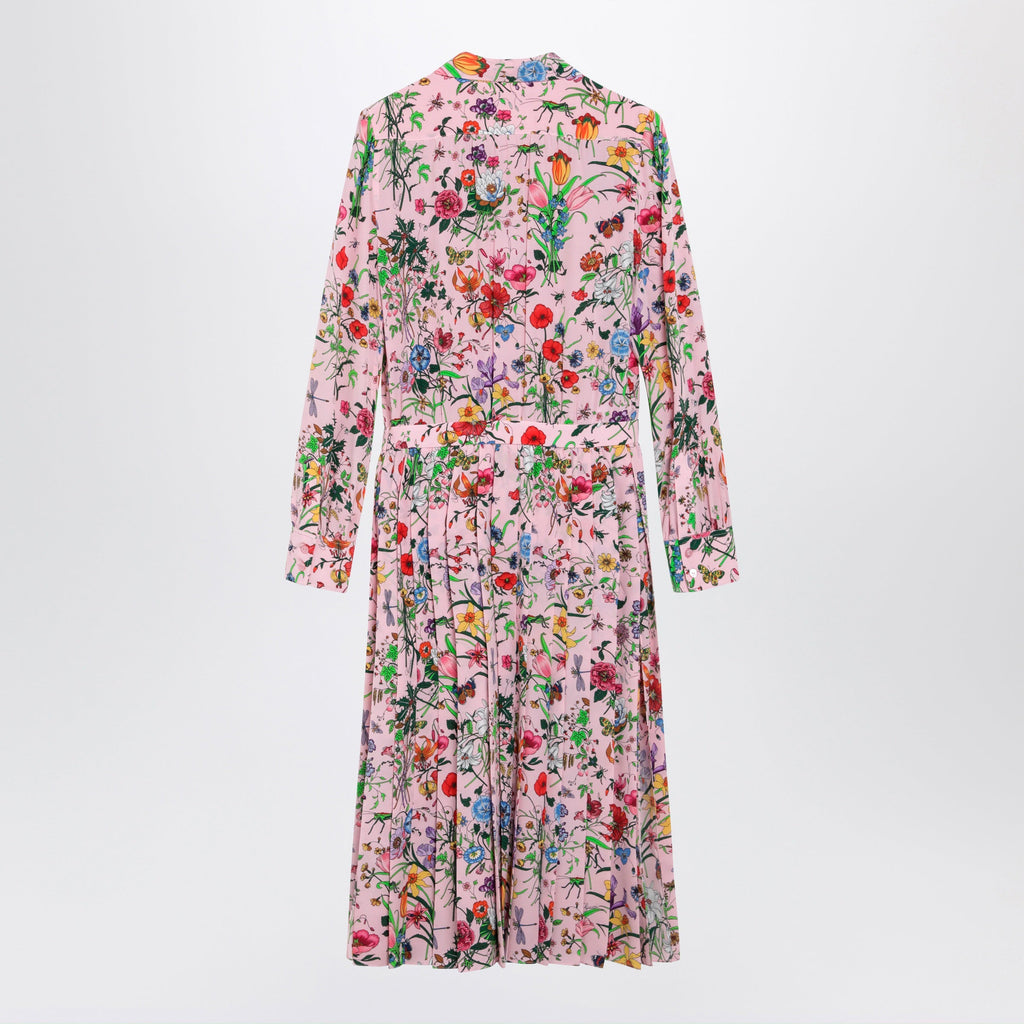Gucci Flora Print Silk Shirt Dress In Pink Multicolor Women