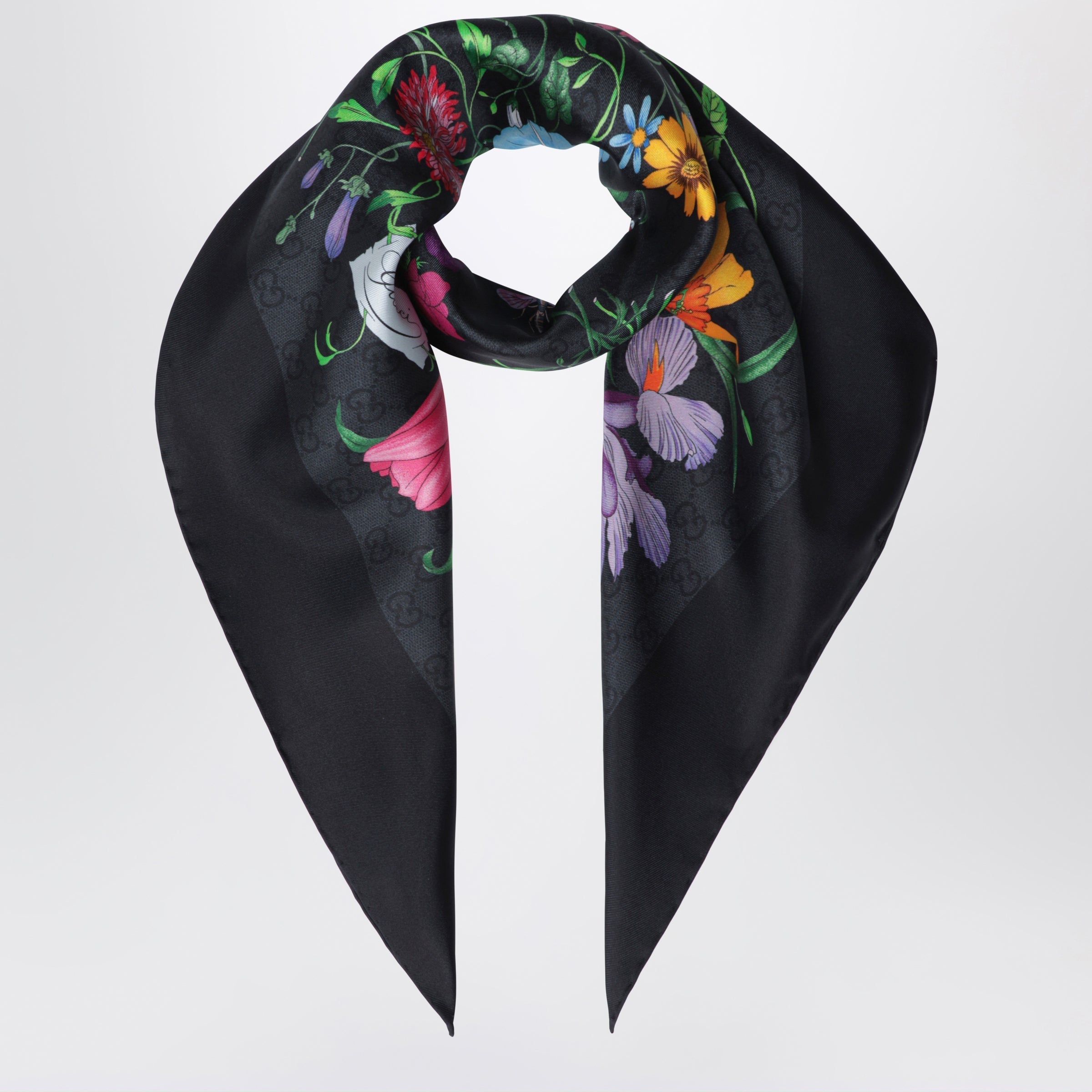 Gucci Silk Twill Carre With Gg Flora Print In Black Women