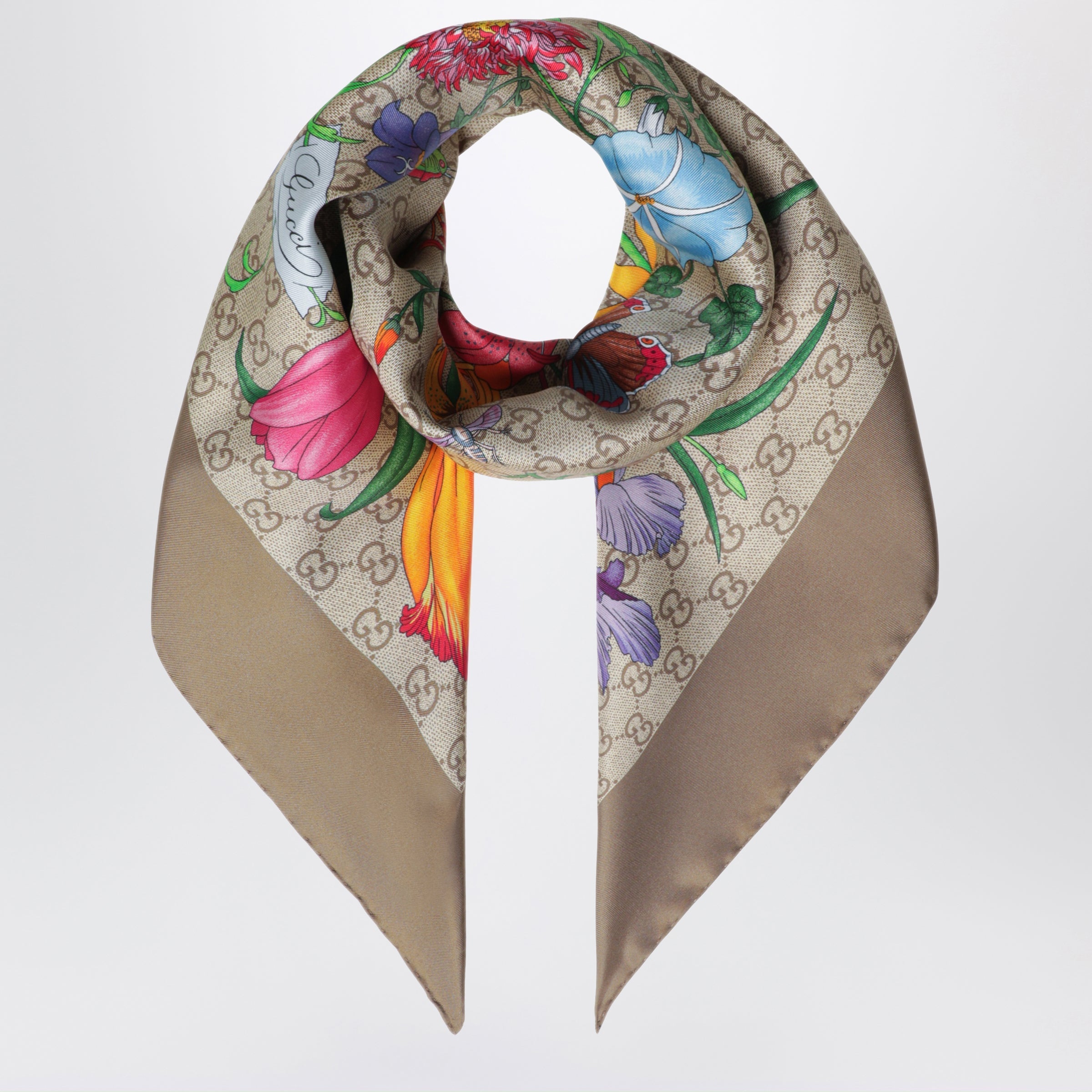 Gucci Silk Twill Carre With Gg Flora Print In Light Brown Women