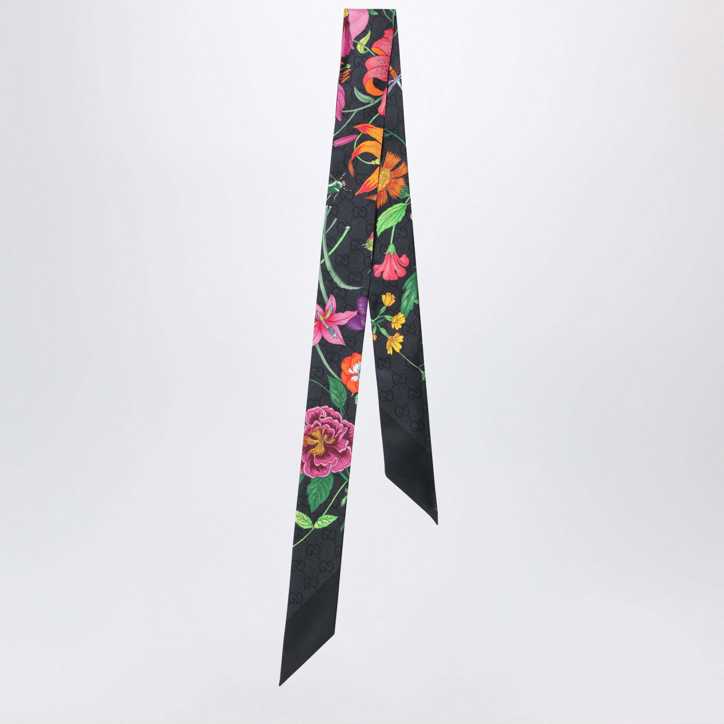 Gucci Silk Ribbon With Gg Flora Print In Black Women