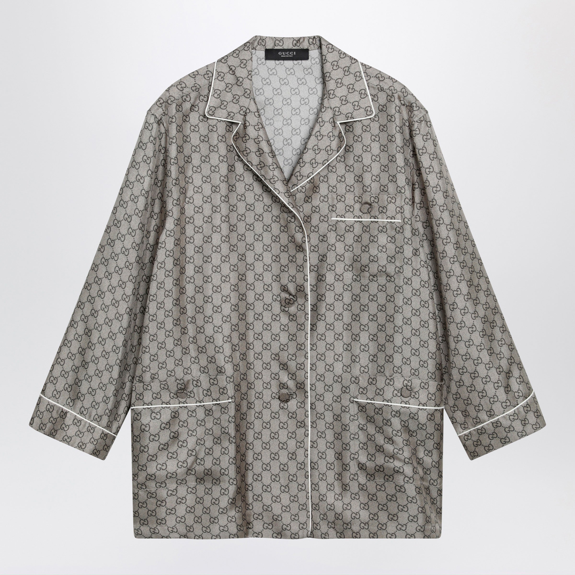 Gucci Silk Twill Shirt With Gg Print In Beige Women