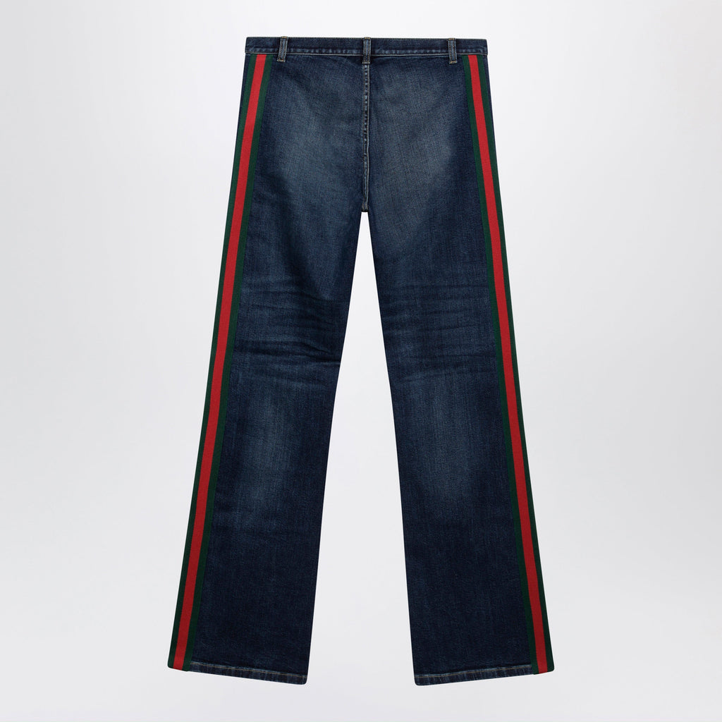 Gucci Low-Rise Cotton Denim Web Tape Trousers In Blue Men