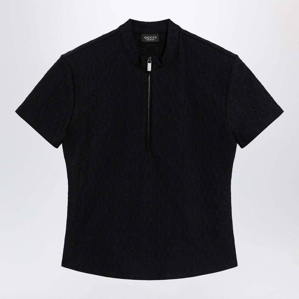 Gucci Black Gg Jacquard Jersey T-Shirt With Half Zip Women