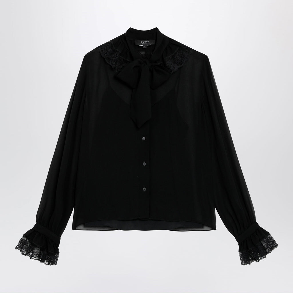 Gucci Black Lightweight Silk Georgette Shirt With Lace Women