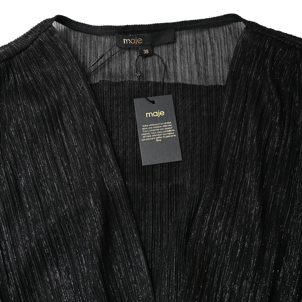 Maje Tiered Metallic Knitted Midi Dress in Black Polyester