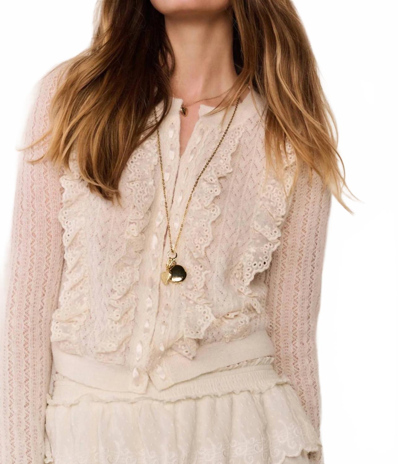 Melisse Eyelet Ruffle Cardigan In Aspen White