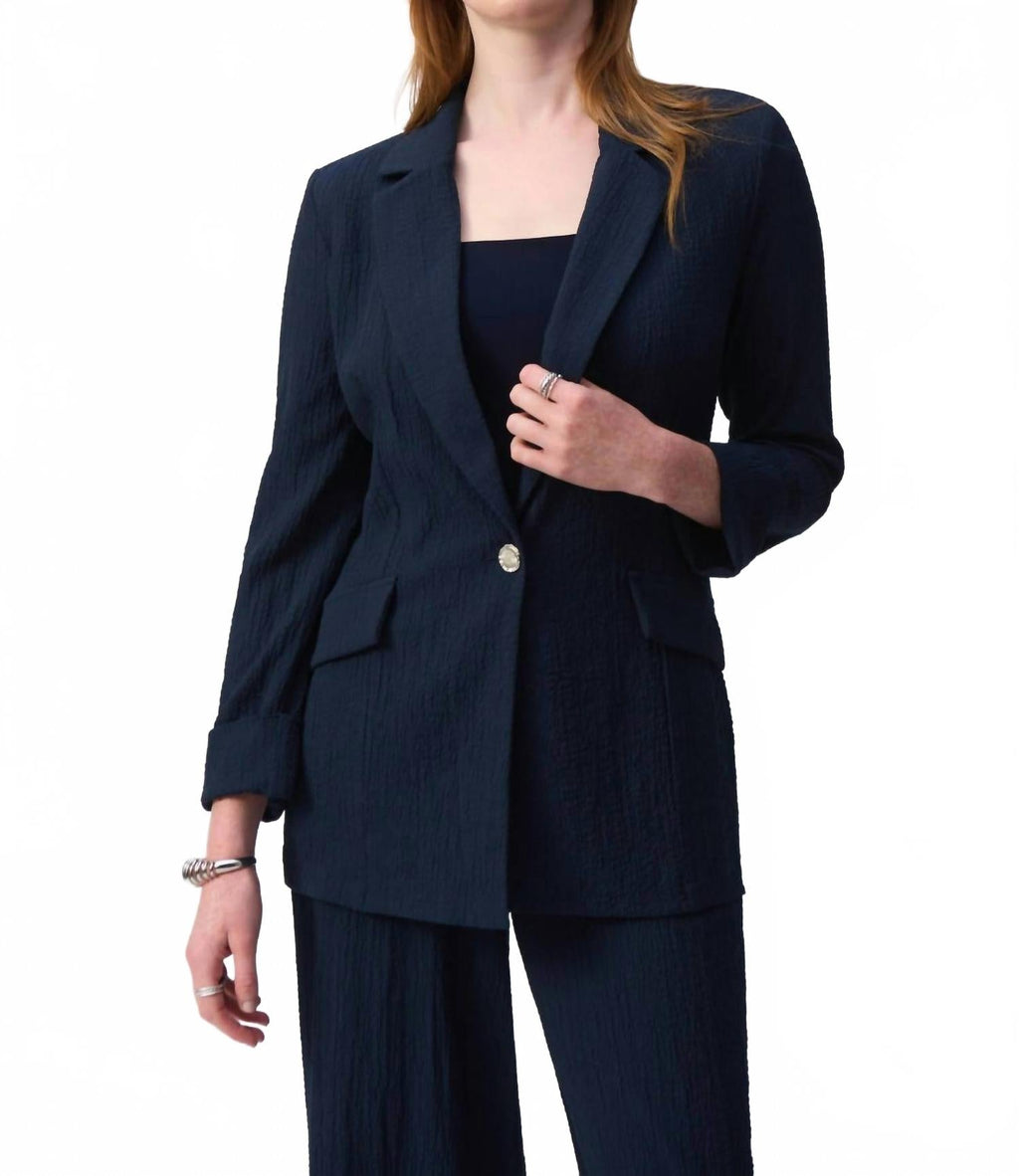 Quarter Sleeve Seersucker Blazer Jacket In Midnight Blue
